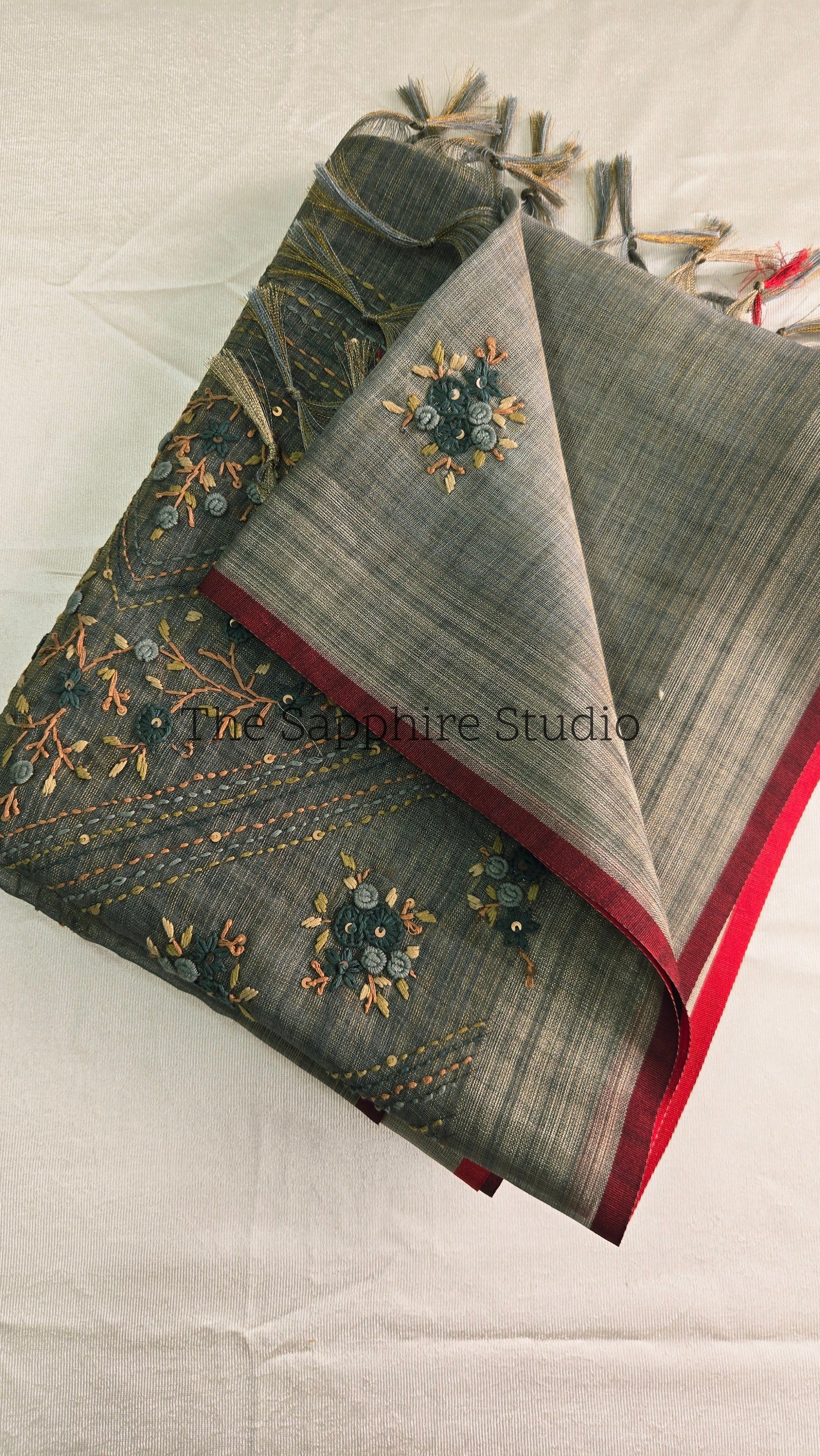 Tissue linen embroidery work saree