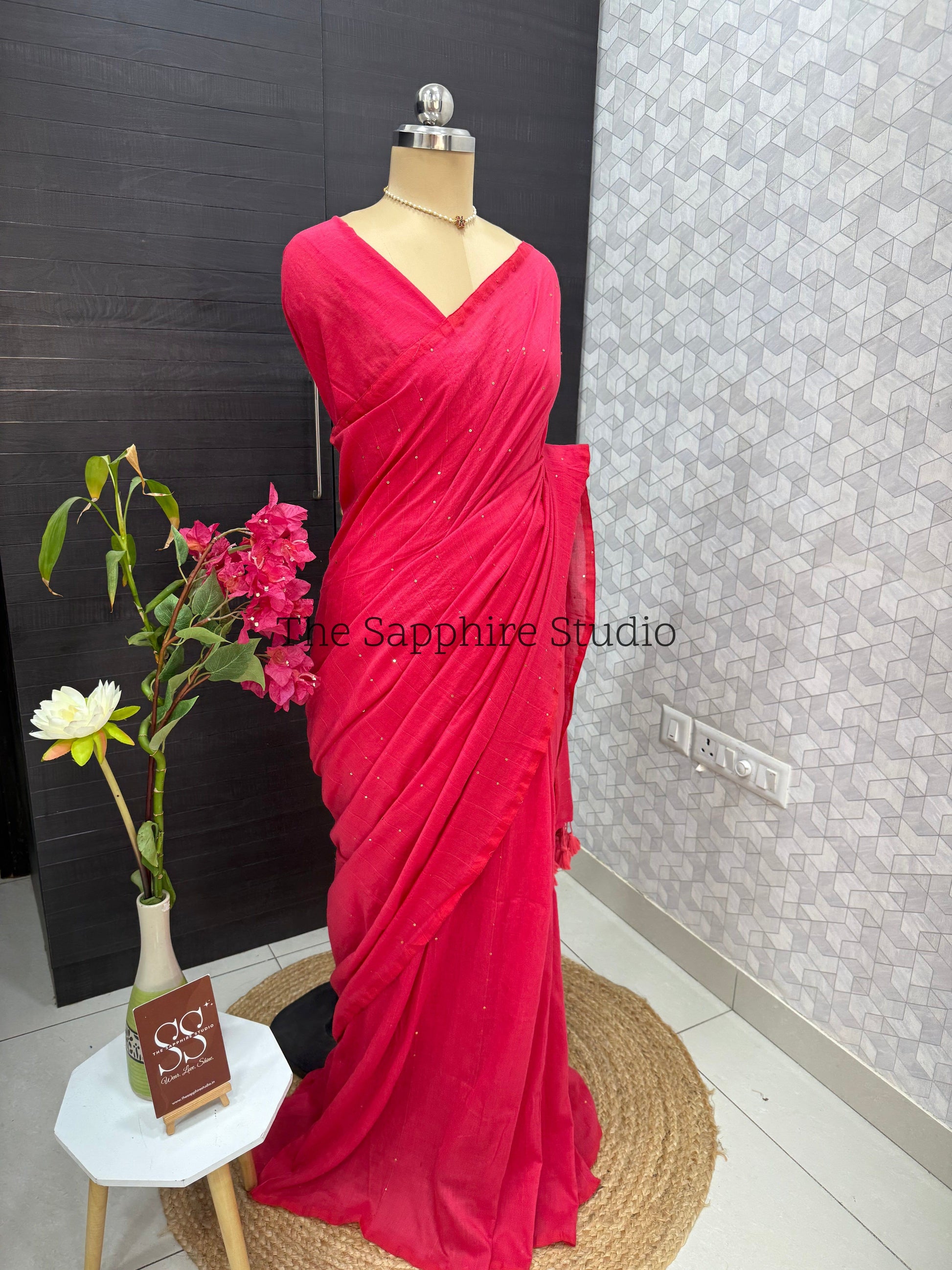 Delicate sequin work light pink mul cotton saree with ready made blouse
