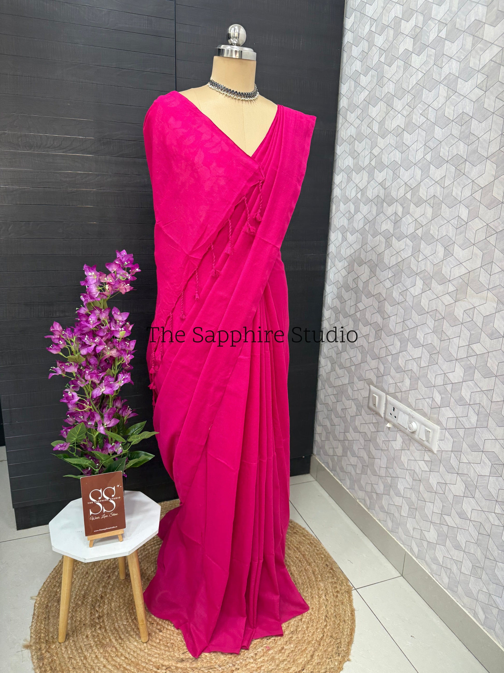 Hot Pink Khadi cotton saree with Floral Contrast Blouse