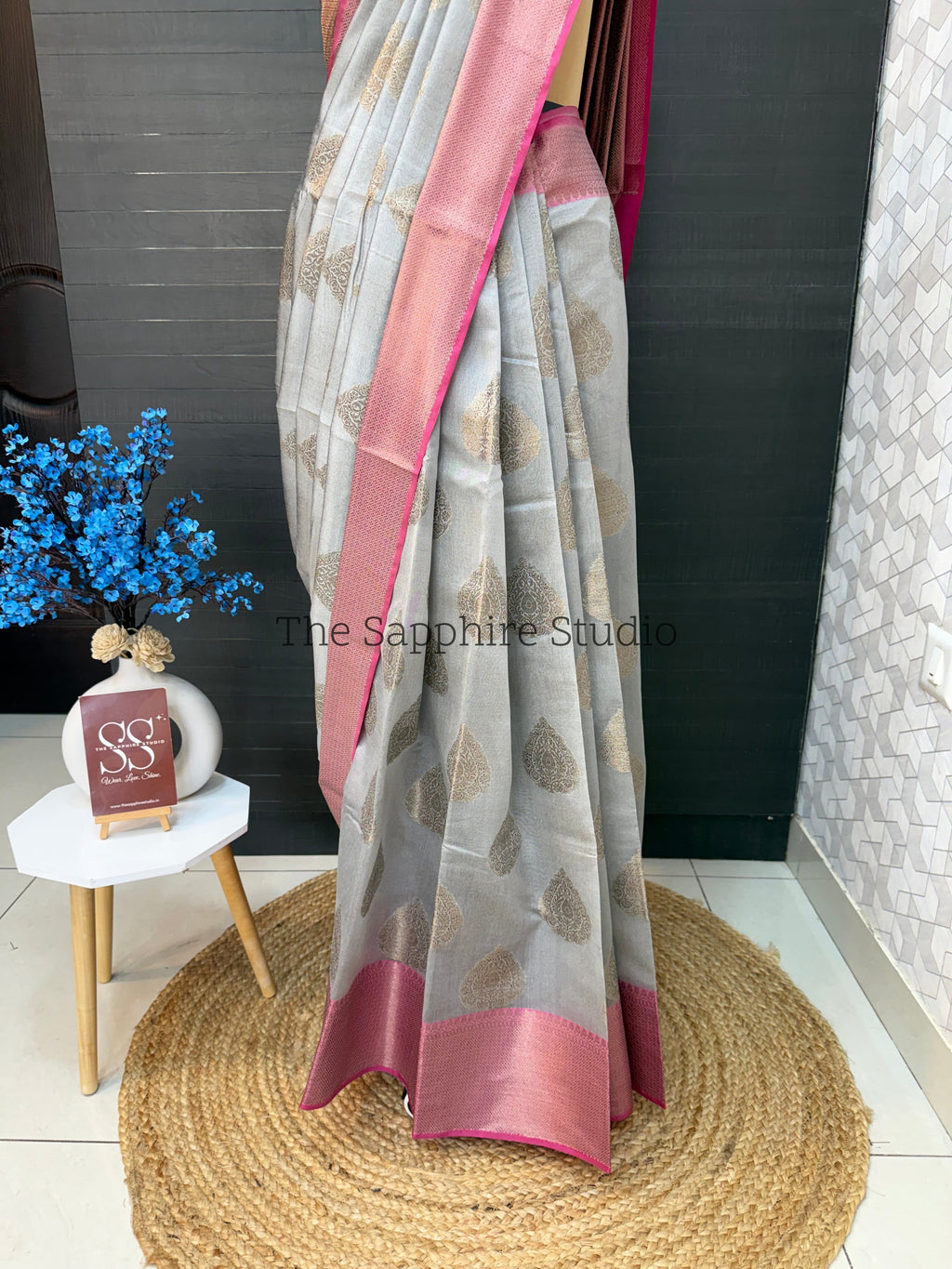 Steel Grey Cotton Silk Saree with Buta Work & Pink Contrast Border
