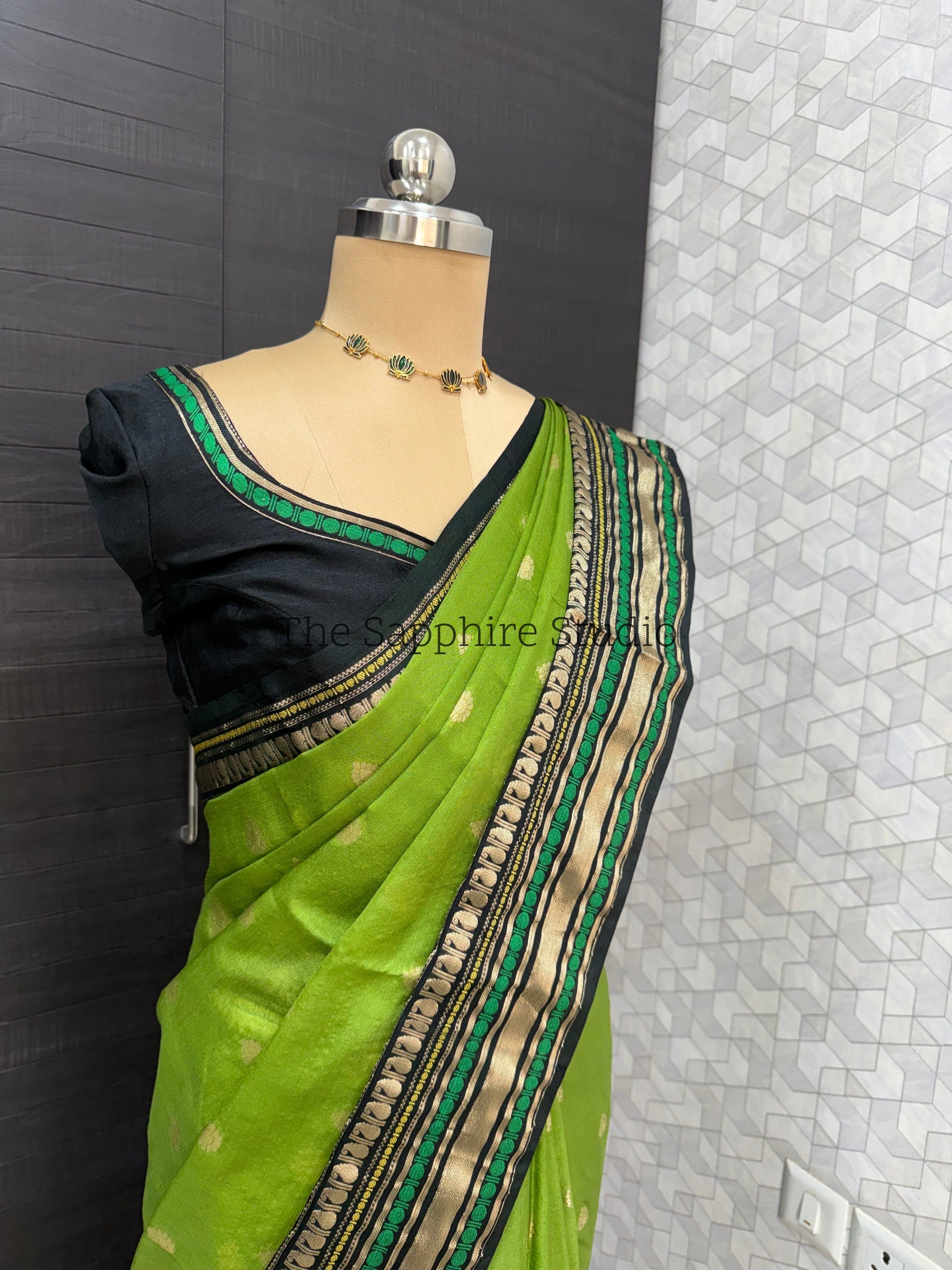 Green & Black Banarasi Chiniya Silk Saree with Zari Border