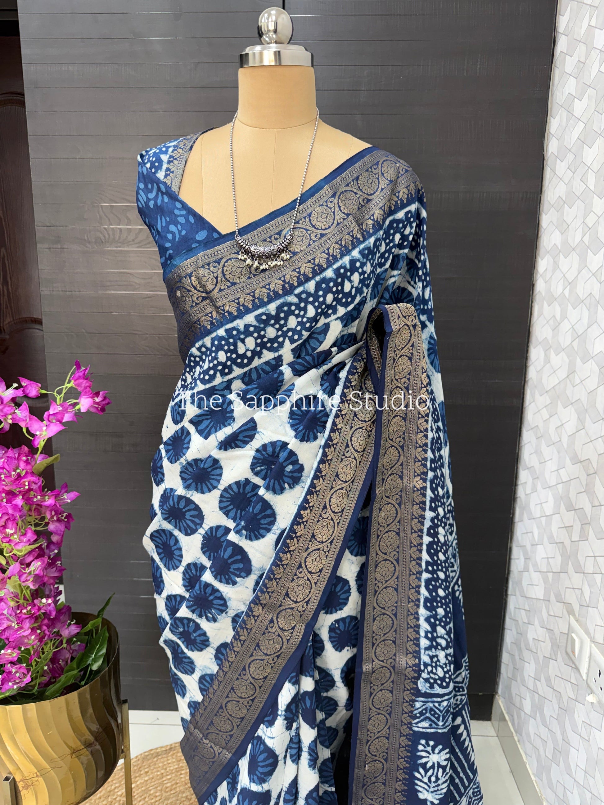 Indigo Dola Silk Saree with Geometric Dabbu Design