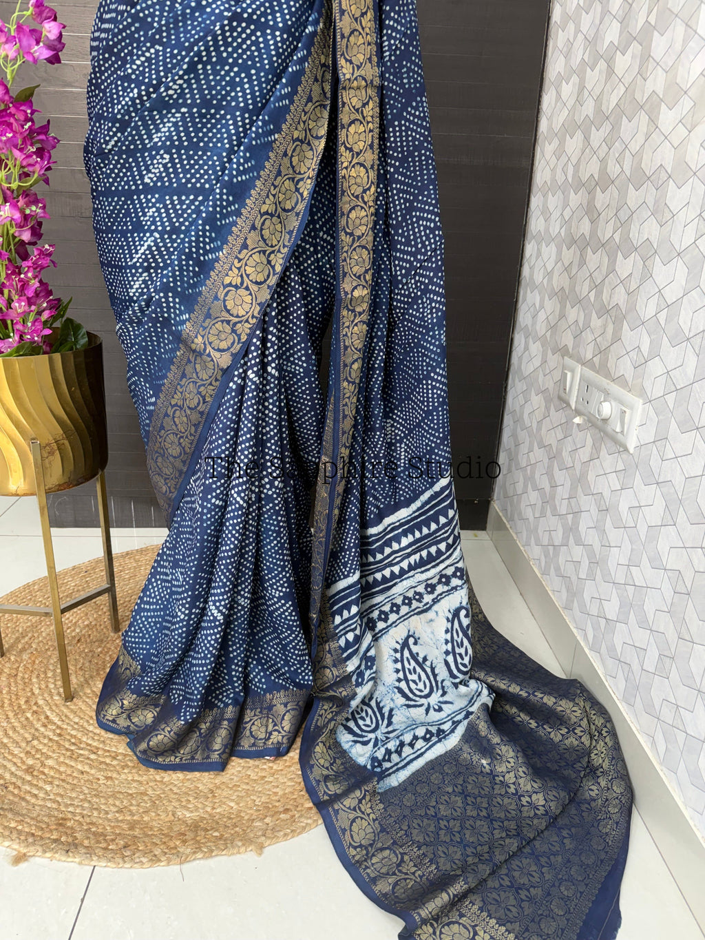 Indigo Dola Silk Saree with Round Floral Dabbu Print