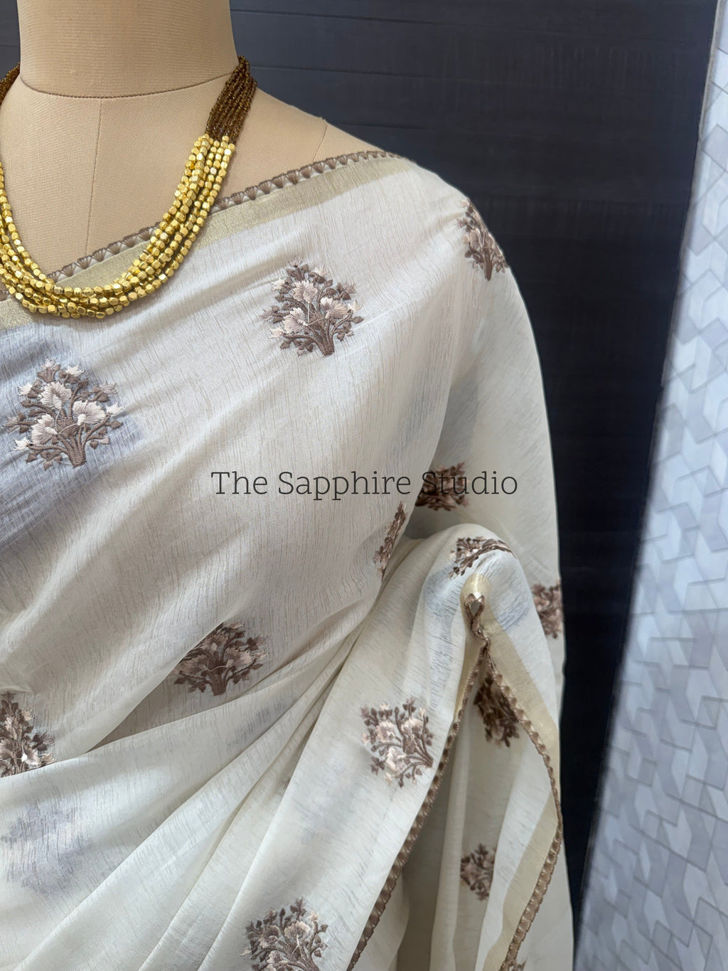 Onam/ Vishu Tissue Saree with Embroidery - Floral - Brown (Comes with contrast brown blouse)