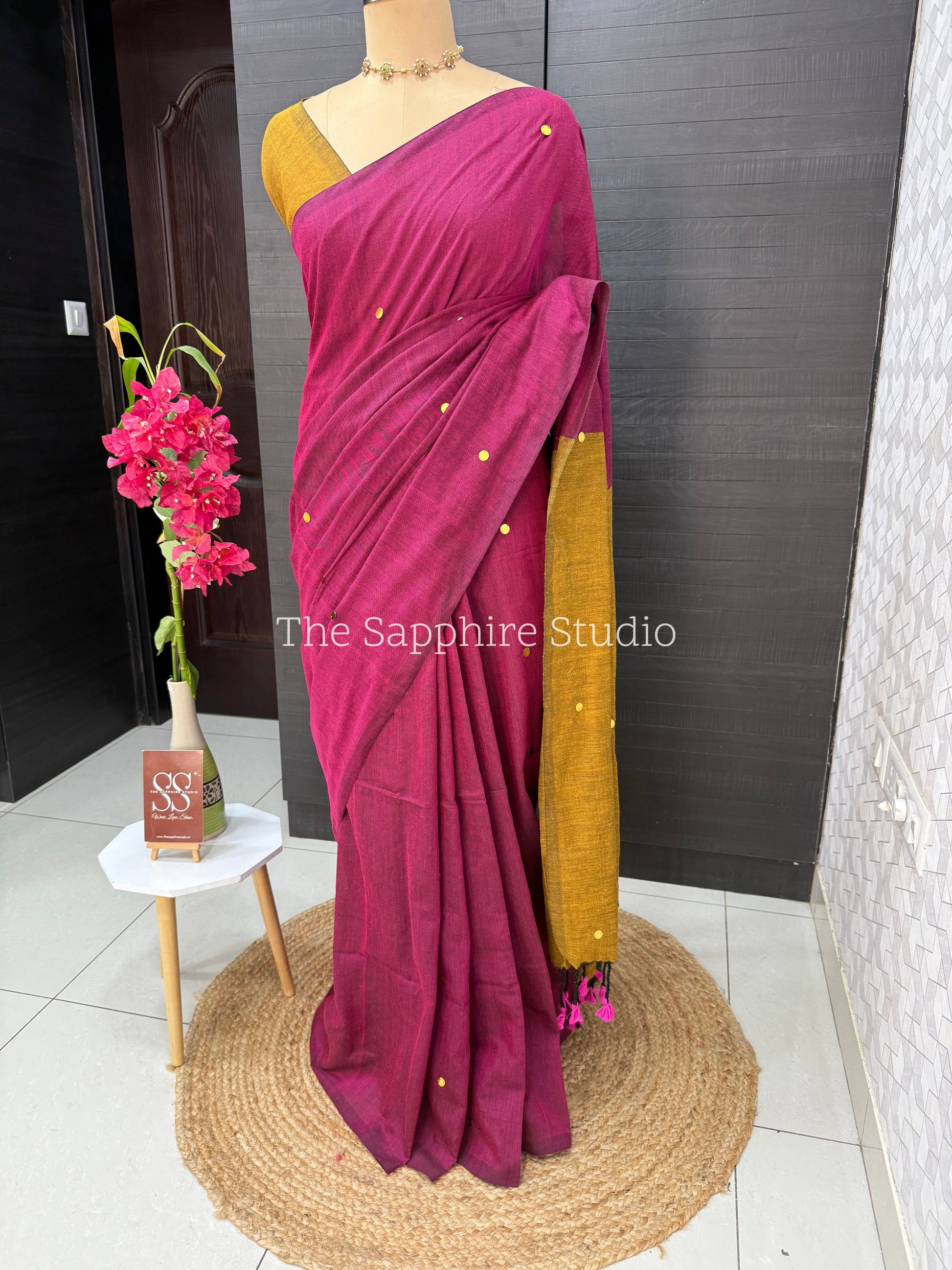 Rani Pink & Mustard Khadi Cotton Saree