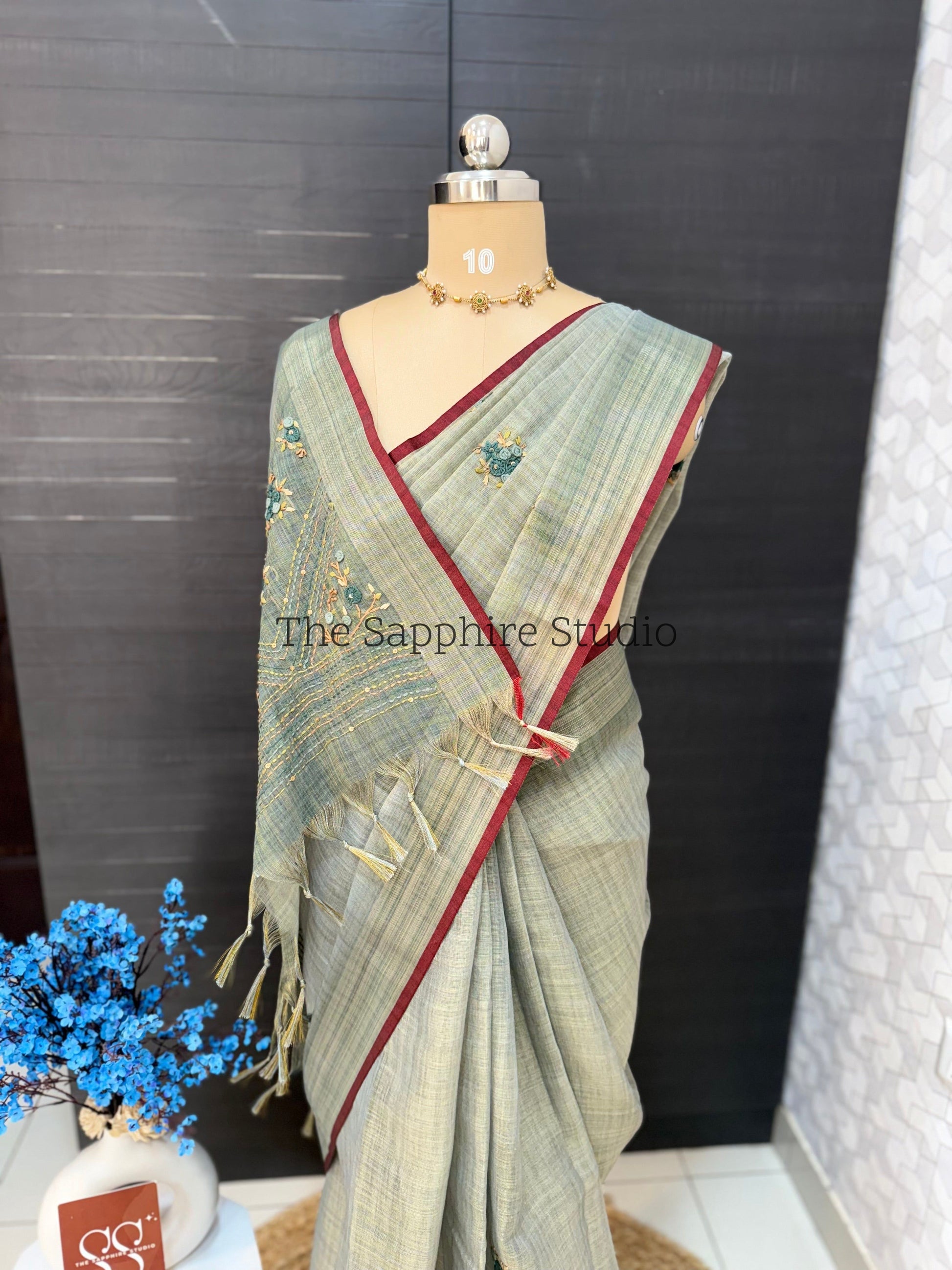 Tissue linen embroidery work saree
