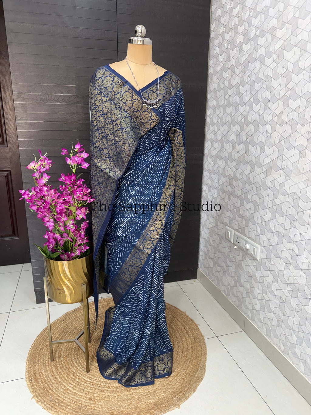 Indigo Dola Silk Saree with Round Floral Dabbu Print