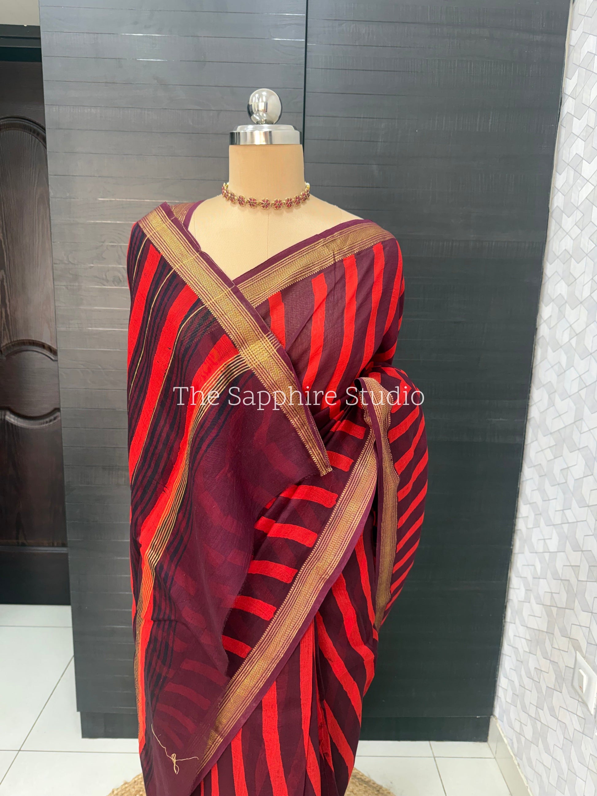 Maheshwari Silk Saree – Maroon with Red Stripes & Golden Border