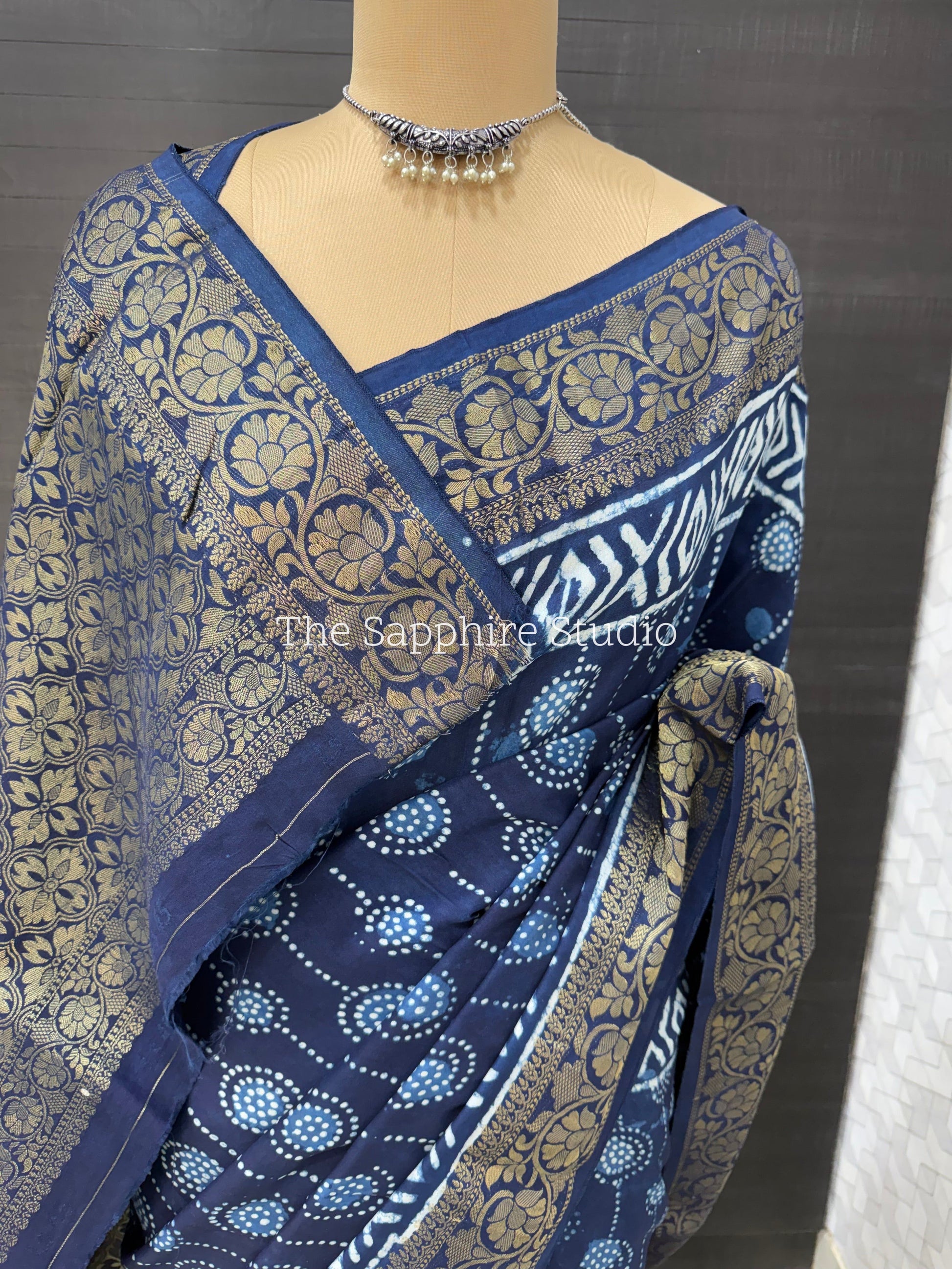 Indigo Dola Silk Saree with Line Block Pattern