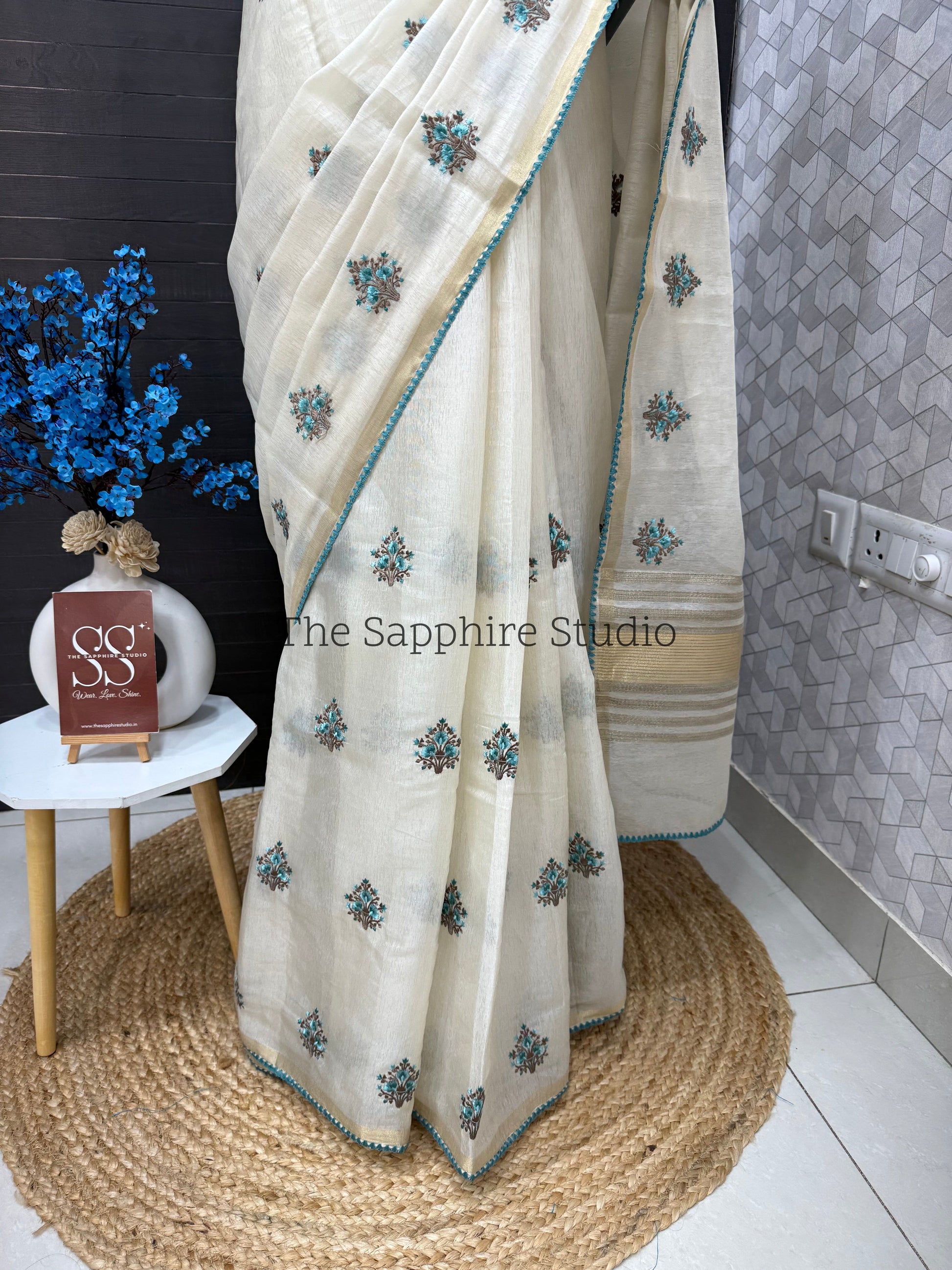 Onam/ Vishu Tissue Saree with Embroidery - Floral - Blue (Comes with contrast blue blouse)