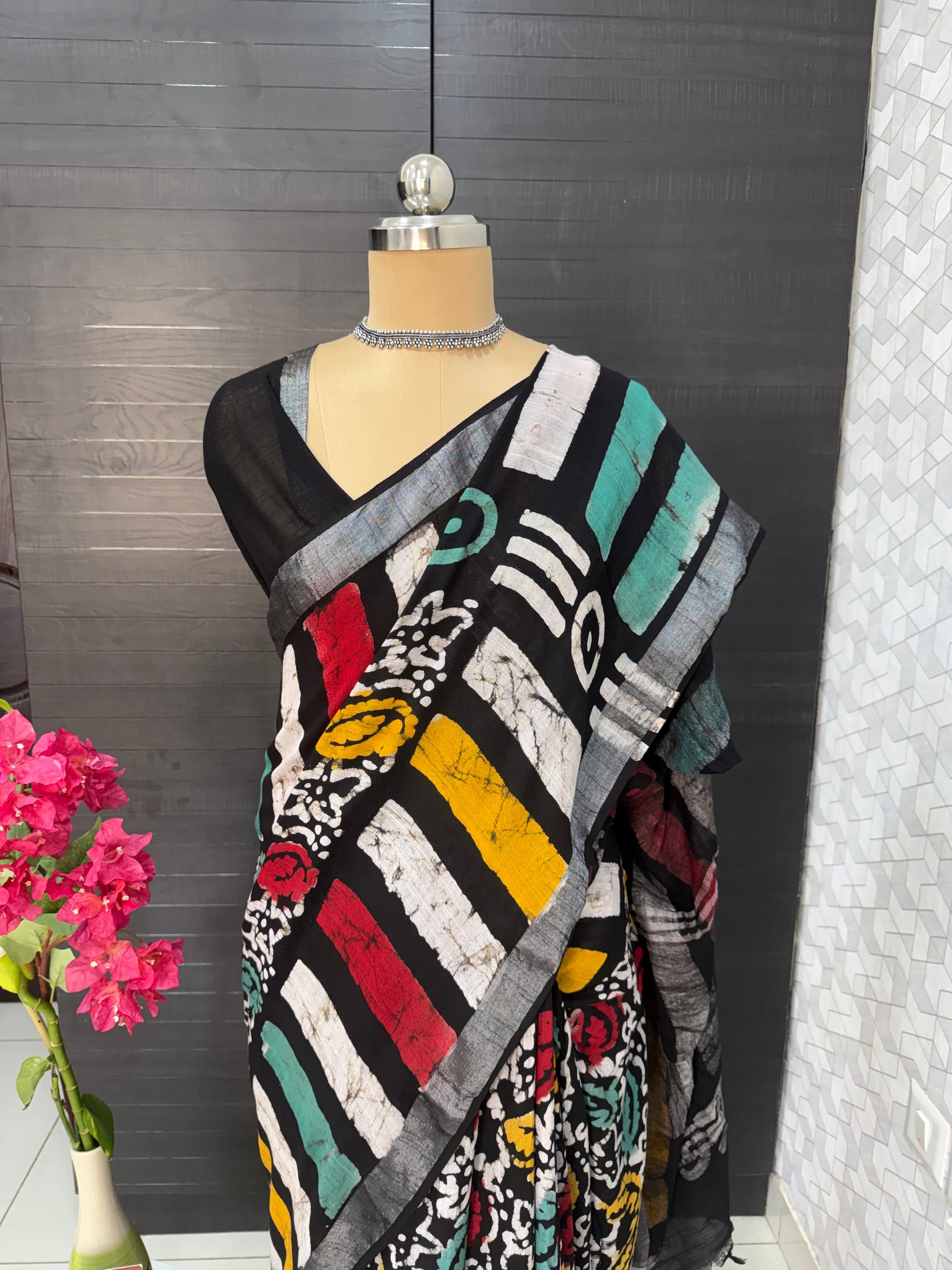 Multicolor Linen Bagru Saree with Running Blouse
