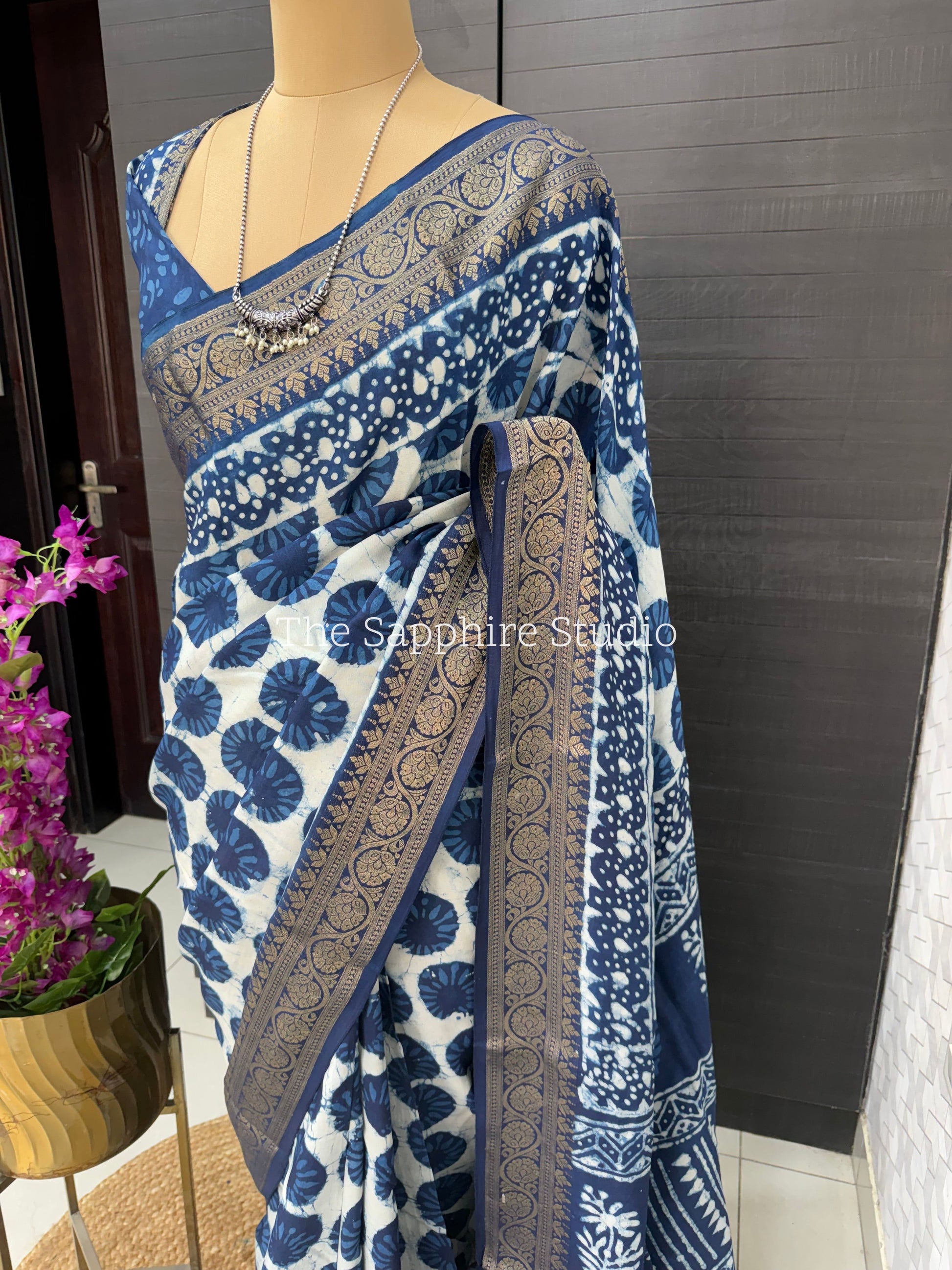 Indigo Dola Silk Saree with Geometric Dabbu Design