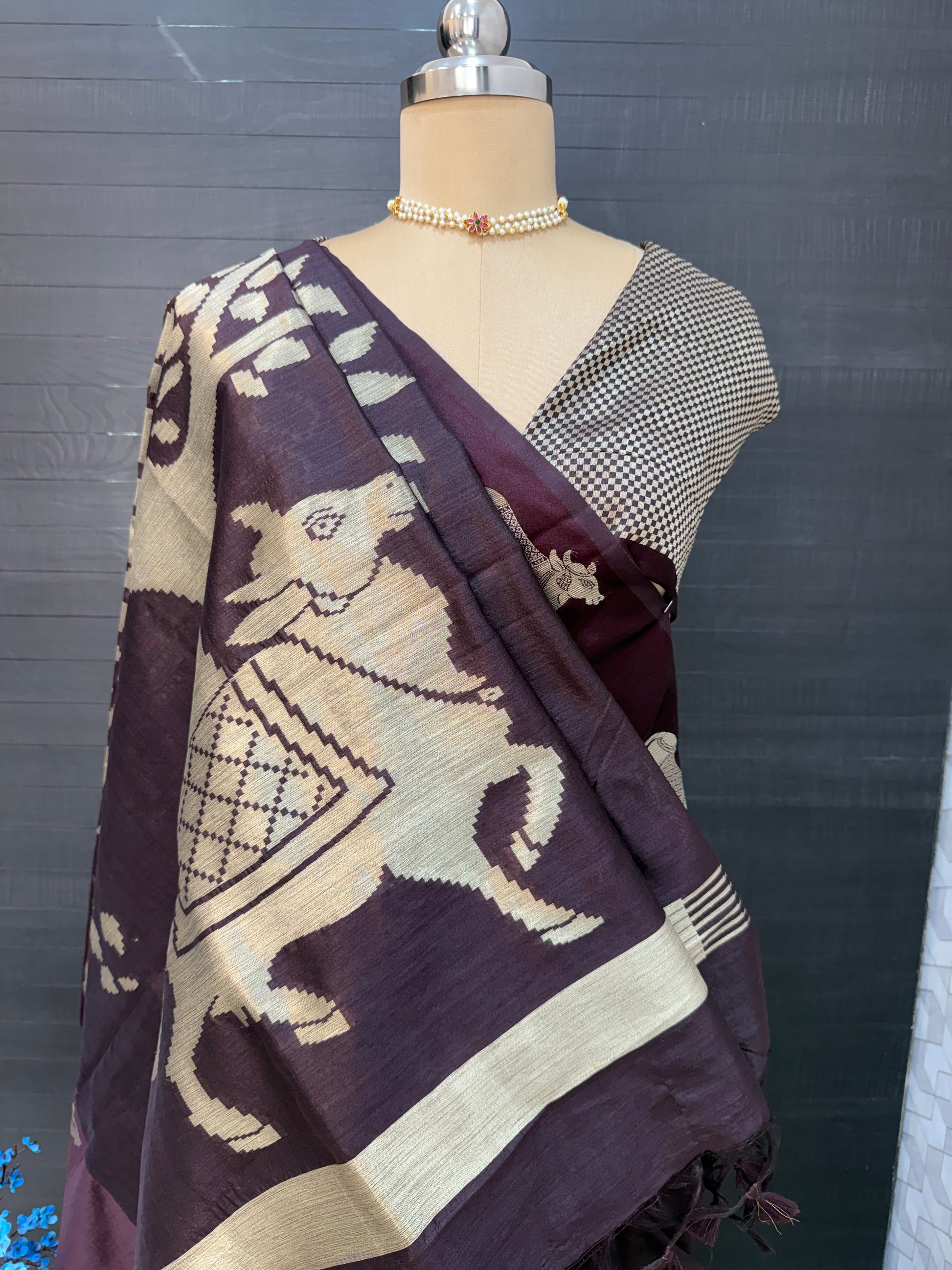 Tussar Pichwai Saree with Cow Motifs and Satin Border