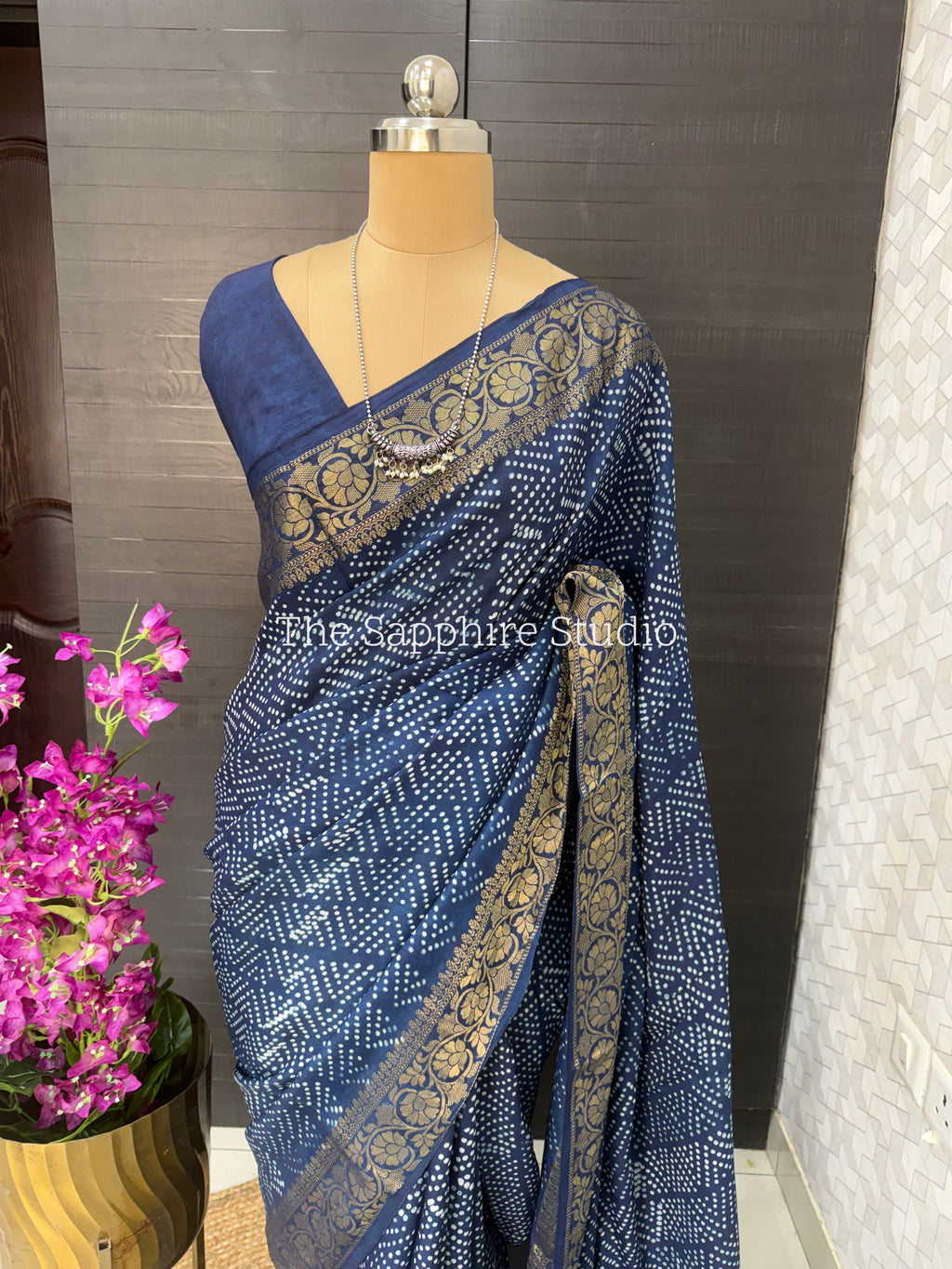 indigo Dabbu print silk saree with zari border, lightweight office wear saree India, elegant traditional saree for daily wear and festive use