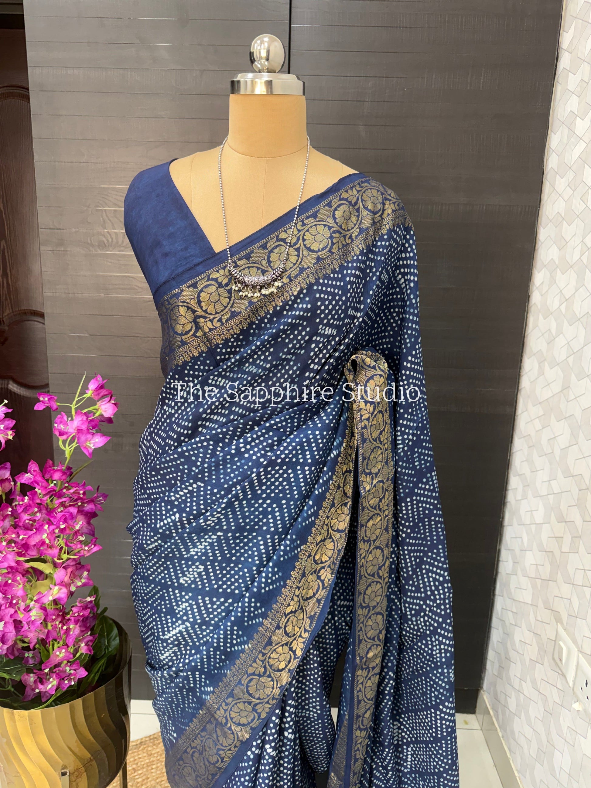 indigo Dabbu print silk saree with zari border, lightweight office wear saree India, elegant traditional saree for daily wear and festive use