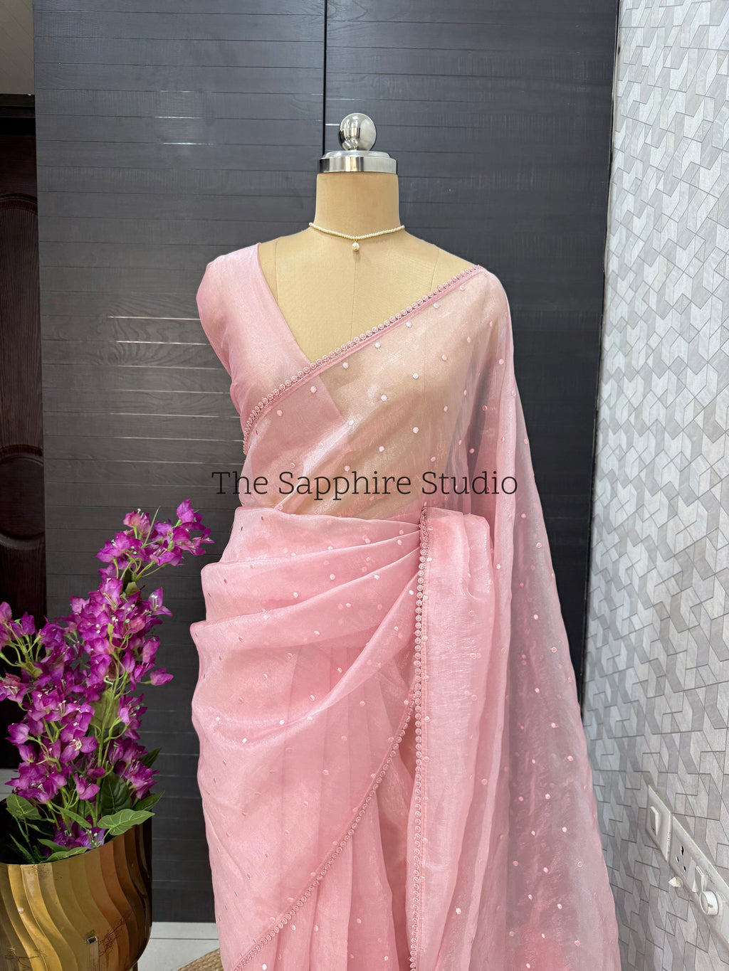 Blush Pink Flamingo Bloom – Appliqué Organza Saree
