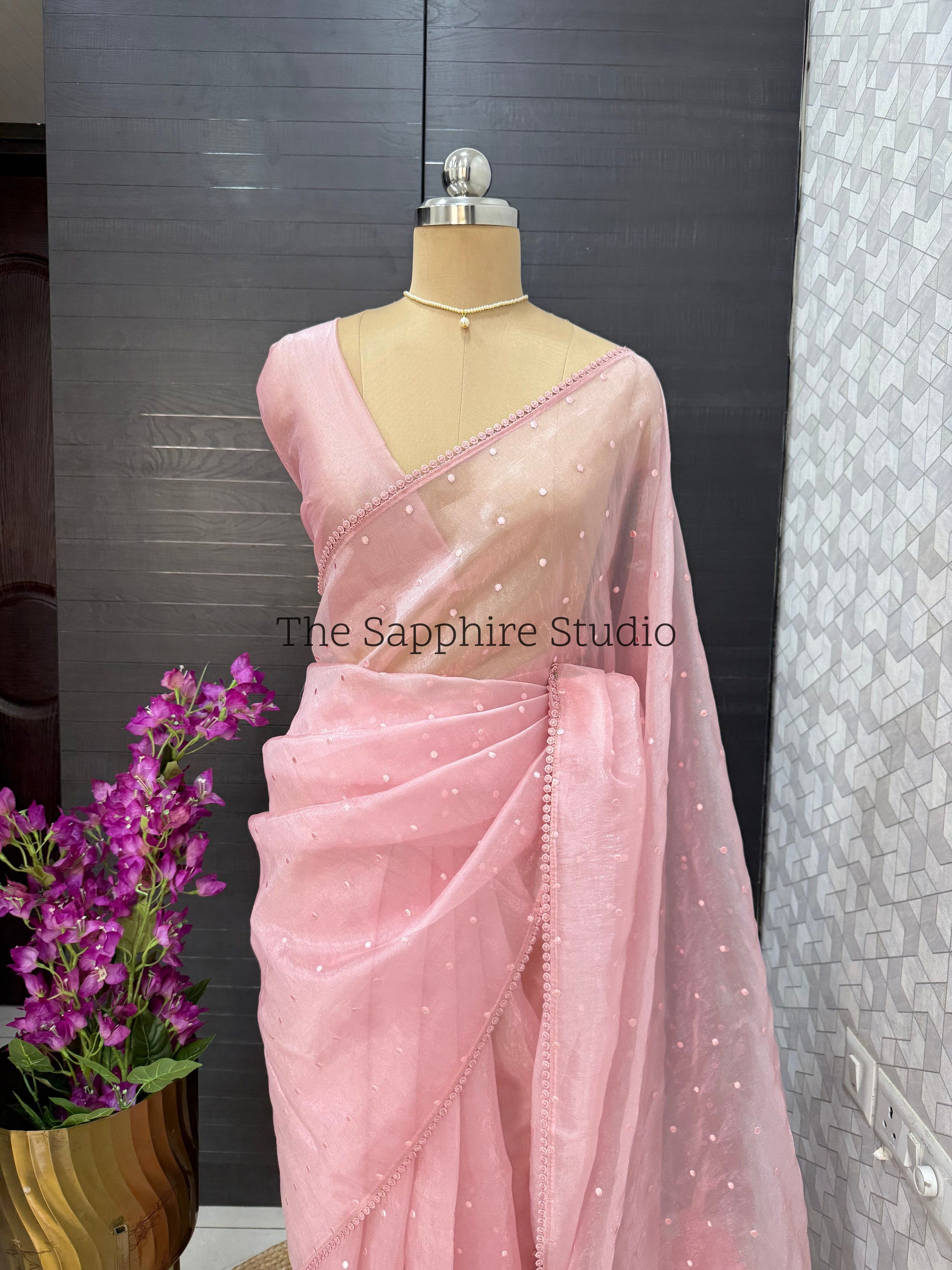 Blush Pink Flamingo Bloom – Appliqué Organza Saree