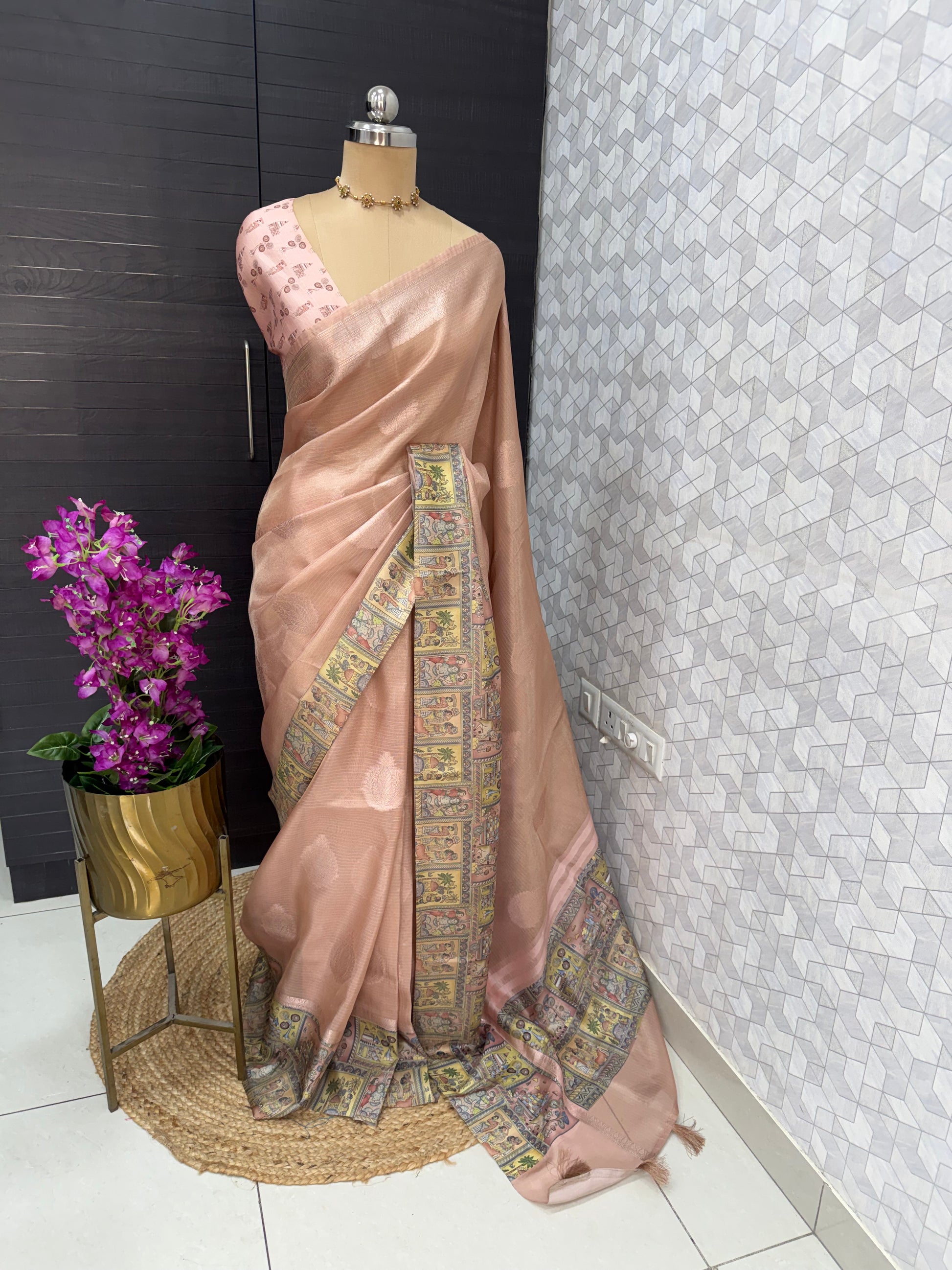 Blush Heritage Print Border Tissue saree
