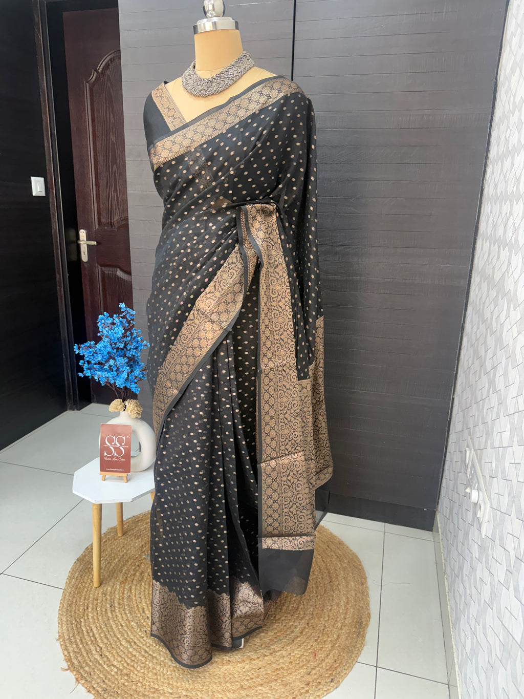 black Katan silk saree with all-over gold butta and woven pallu, lightweight festive saree for evening functions, wedding guest saree for women