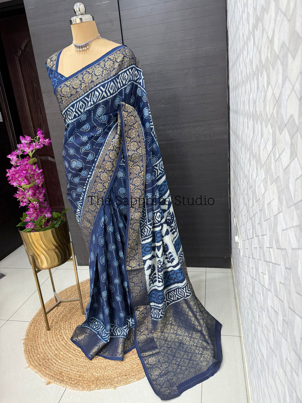 indigo printed saree with gold zari border, office wear indigo saree for women, Dabbu print silk saree for festive and traditional wear