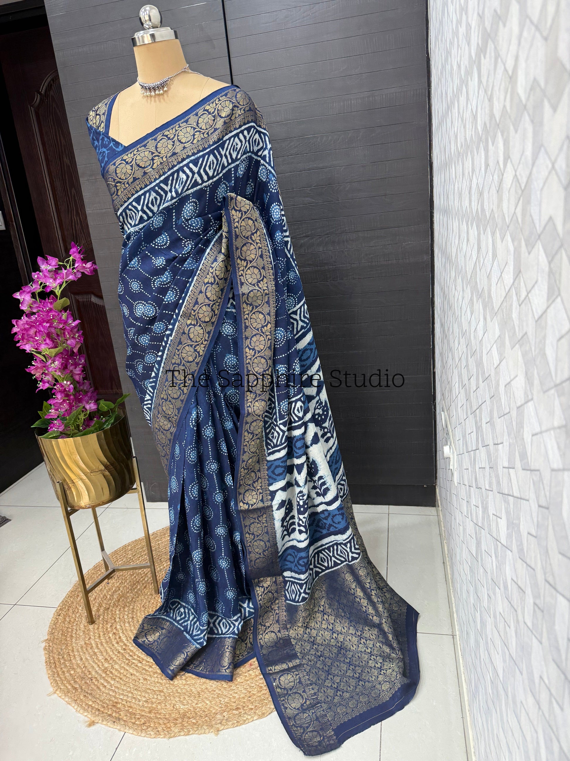 indigo printed saree with gold zari border, office wear indigo saree for women, Dabbu print silk saree for festive and traditional wear