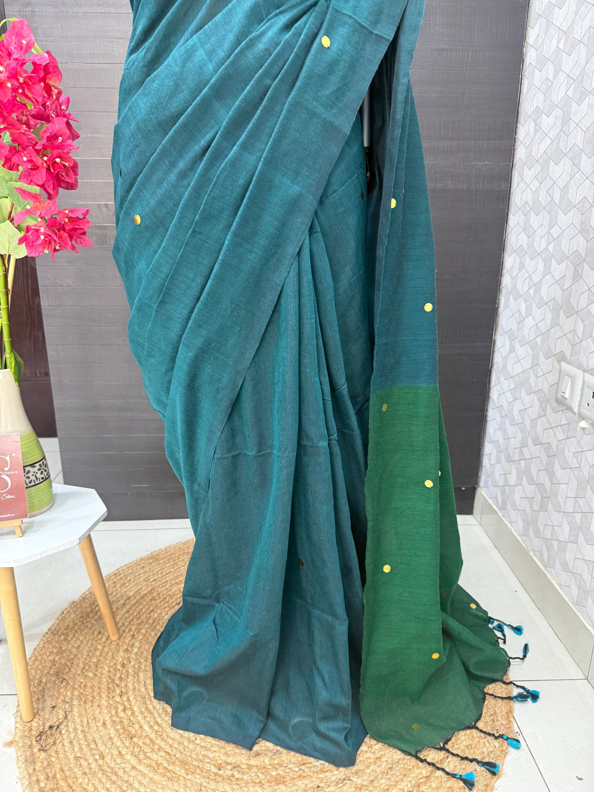 Deep Teal & Bottle Green Khadi Cotton Saree