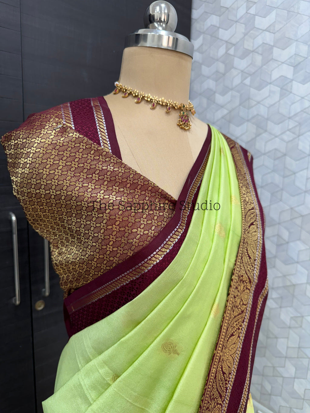 Lime Green & Maroon Banarasi Georgette Saree with Satin Border