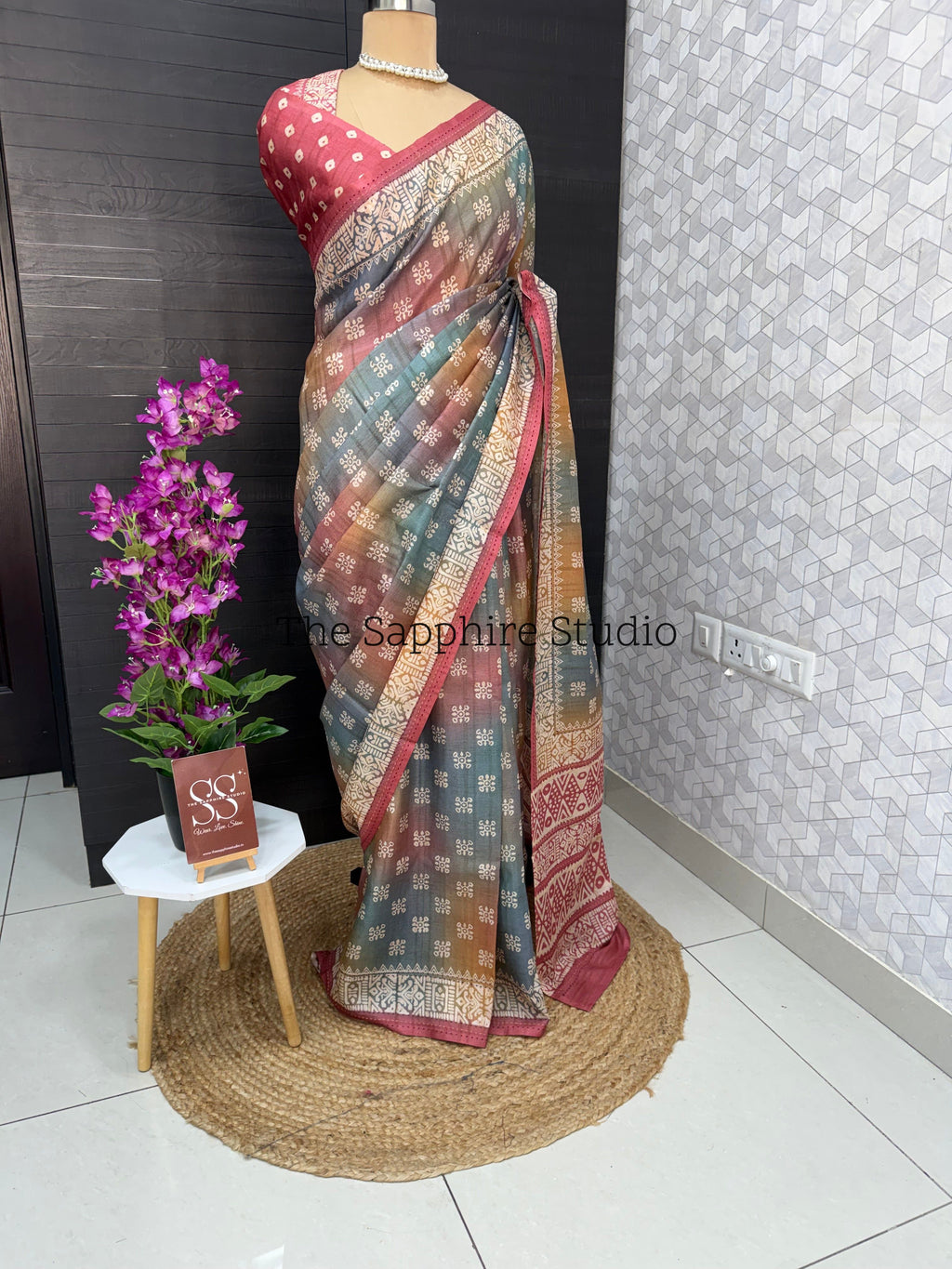 Rose Clay Tussar Saree with Deep Pink Contrast Blouse