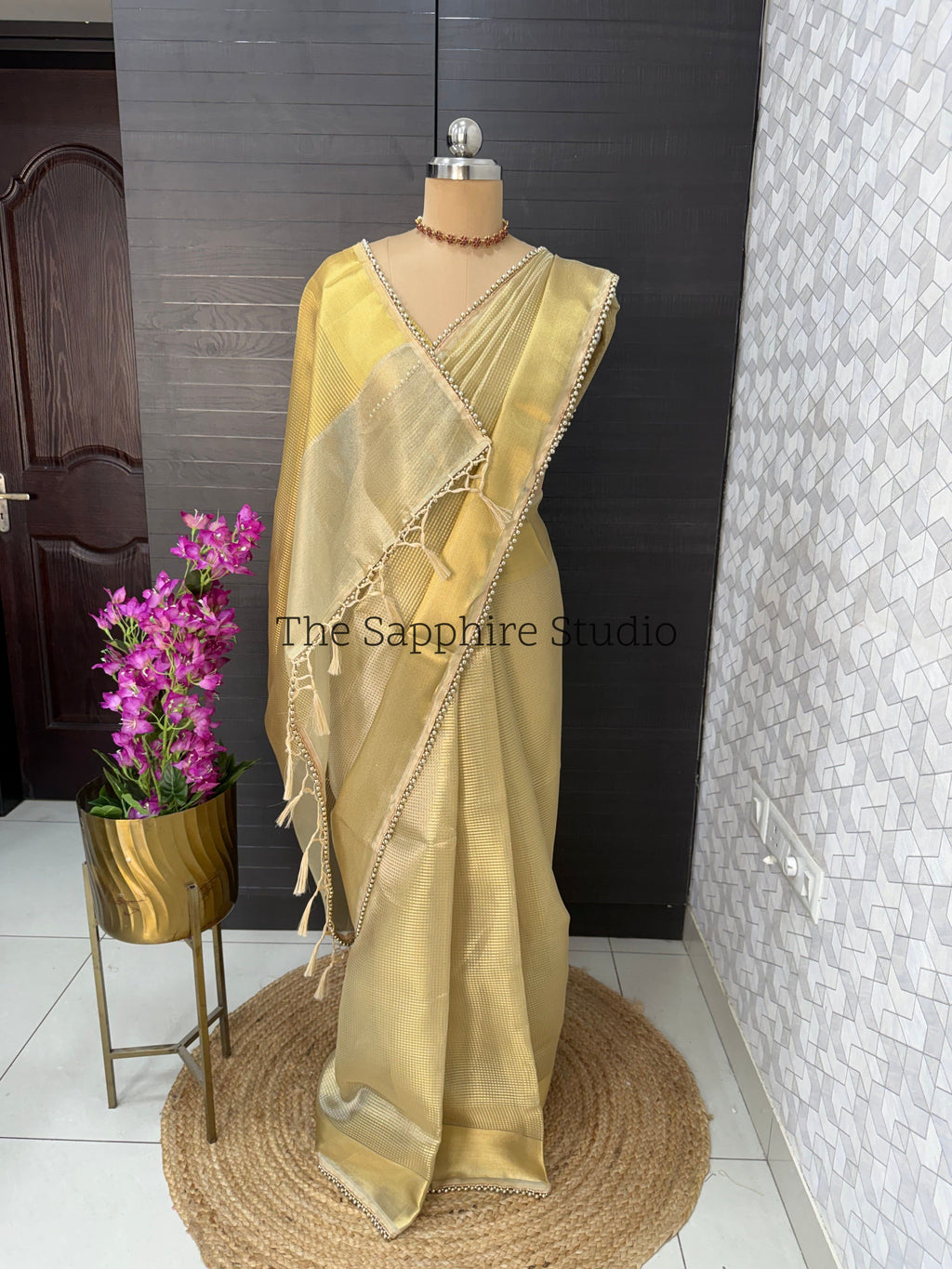 Tissue golden shade saree with lace border