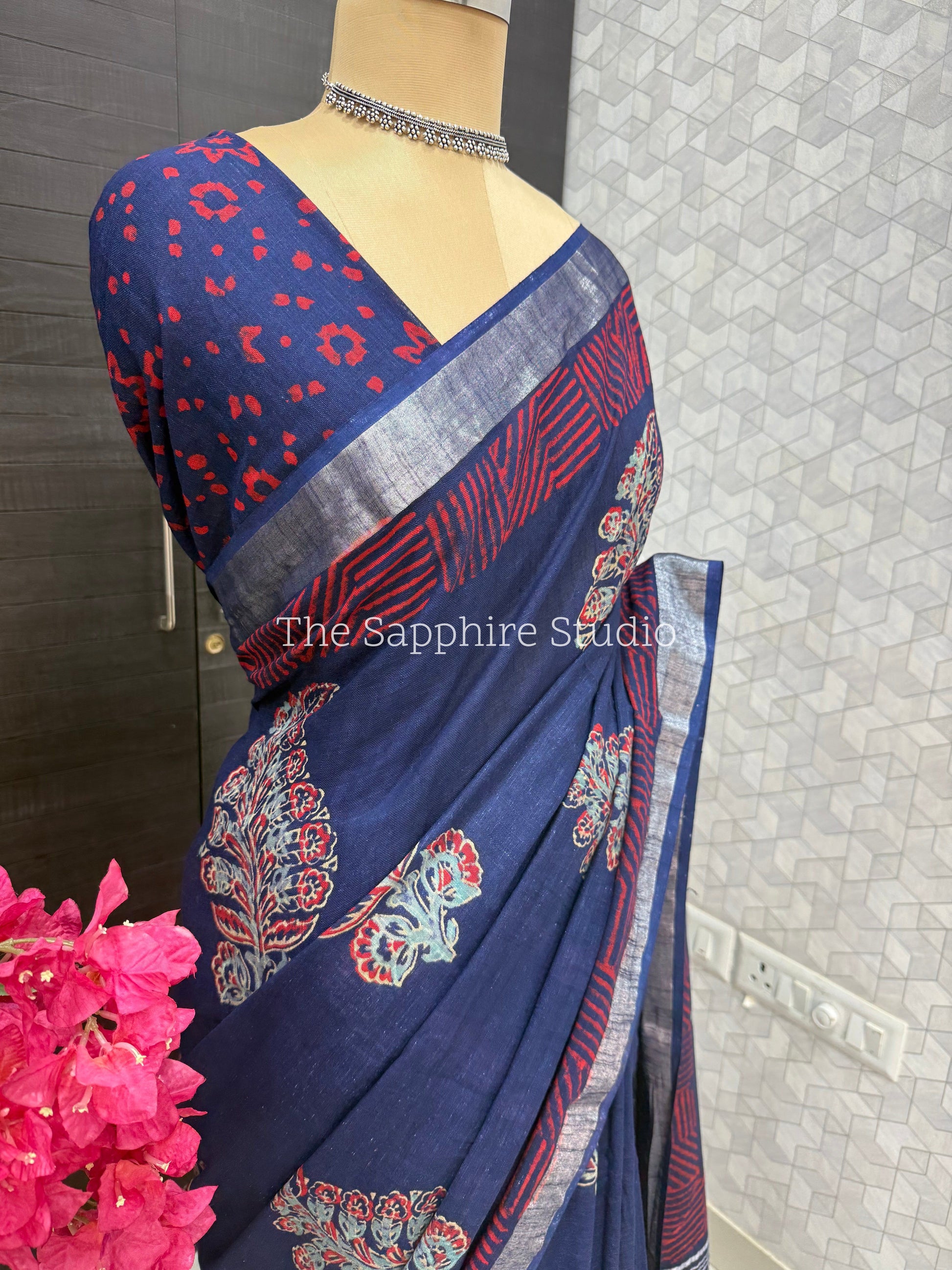 Navy Blue Linen Bagru Saree with Silver Border