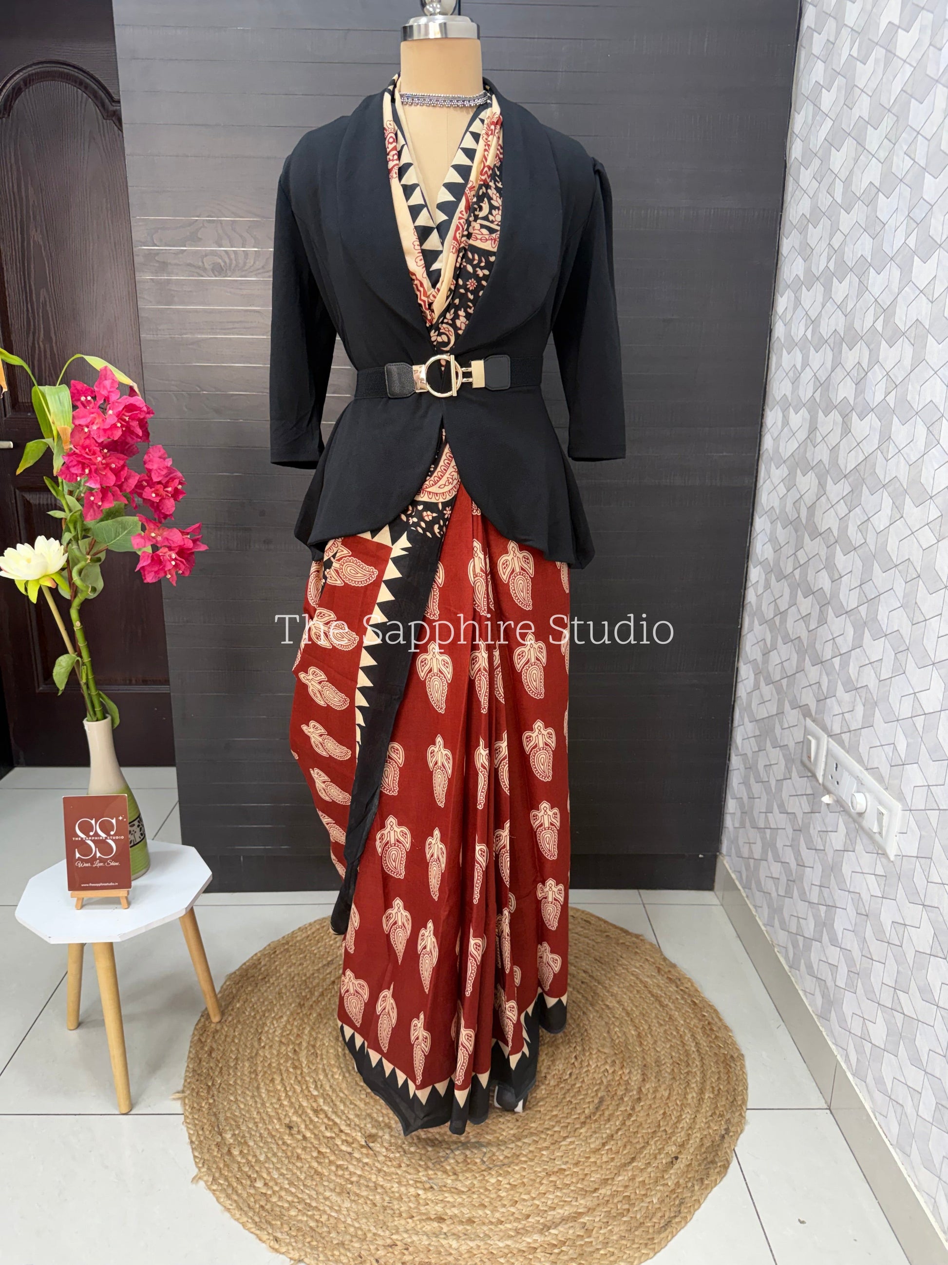 Rust Red & Black Mul Cotton Saree with Readymade Blouse