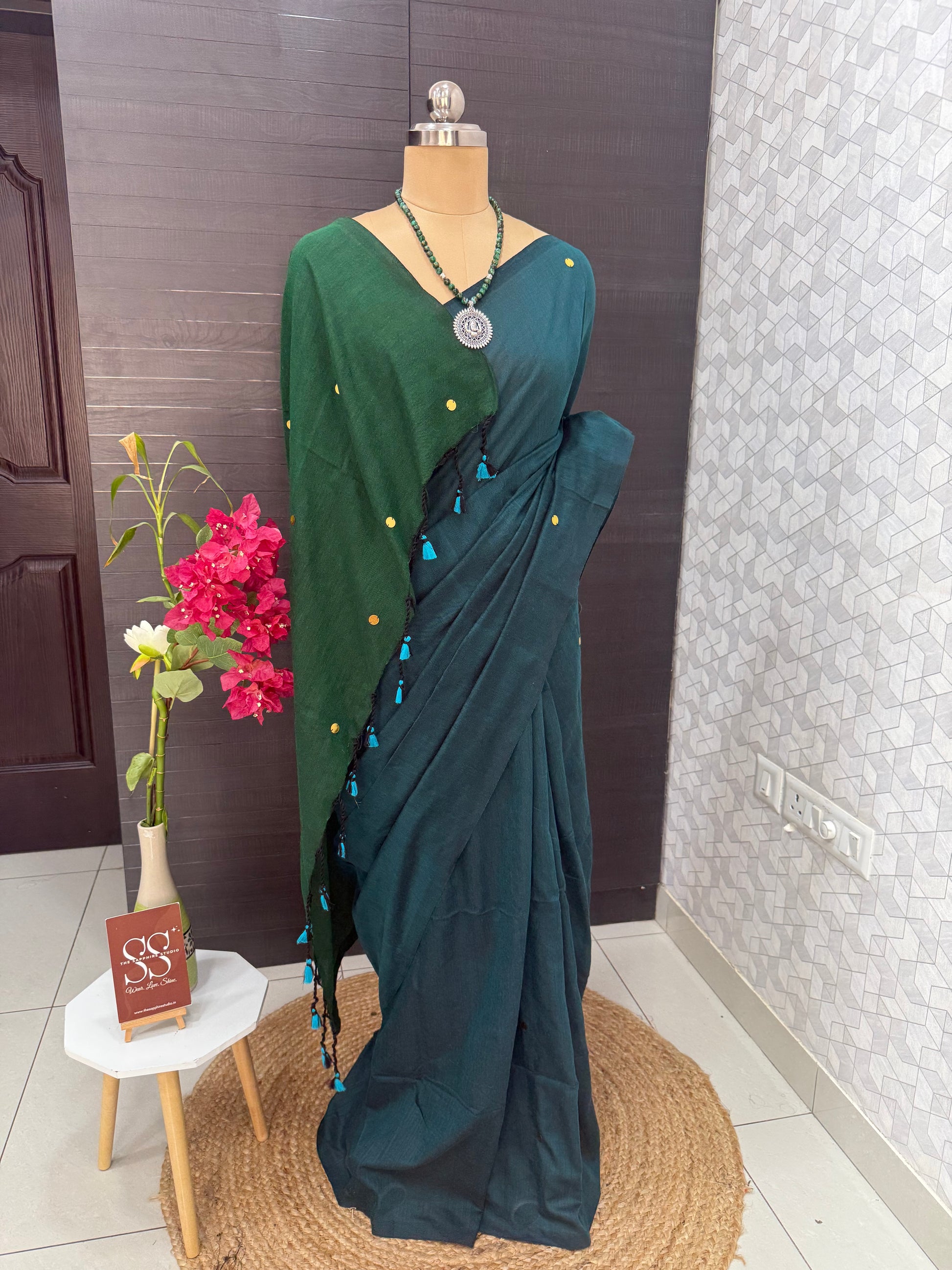 Deep Teal & Bottle Green Khadi Cotton Saree