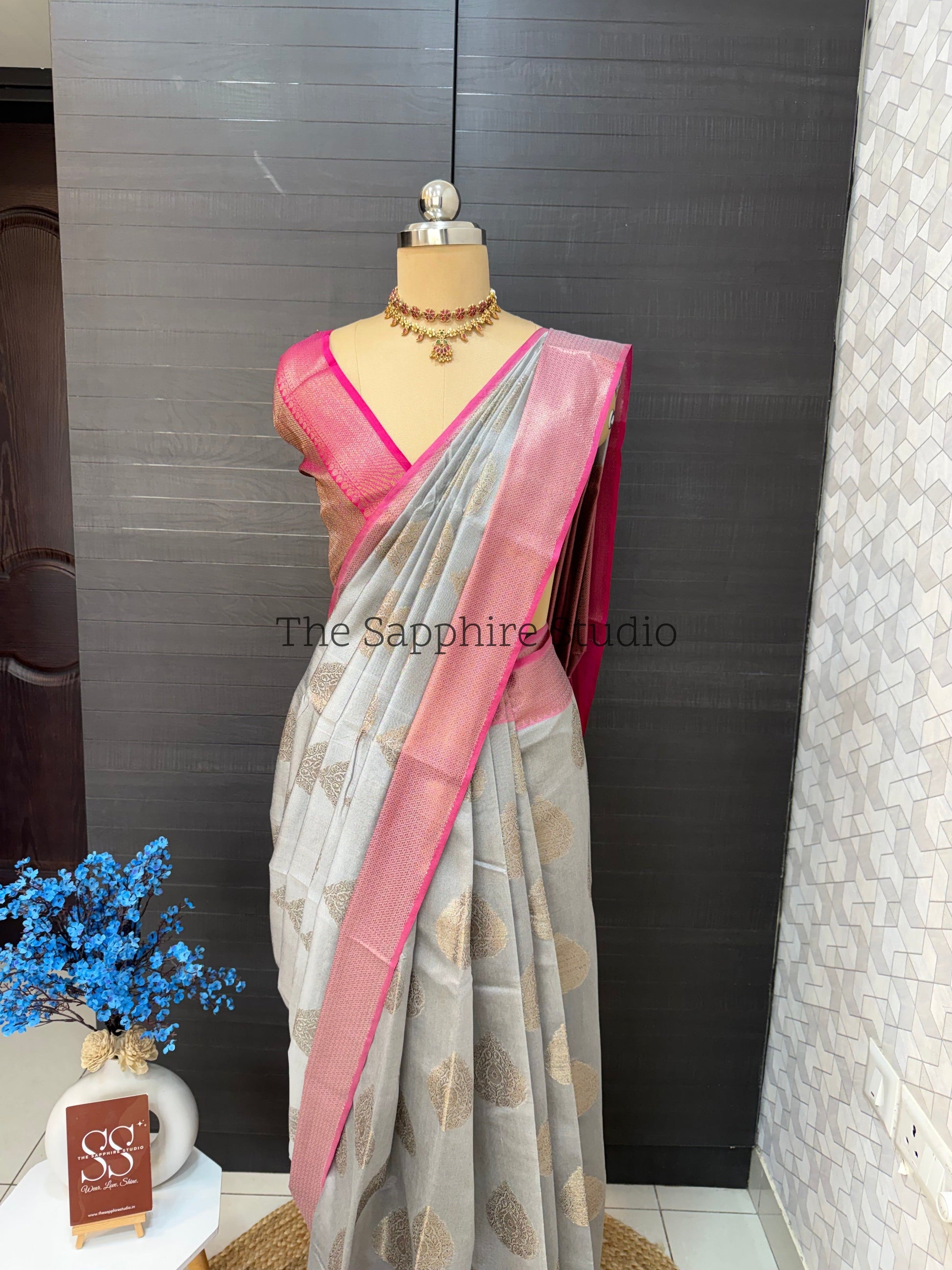 Steel Grey Cotton Silk Saree with Buta Work & Pink Contrast Border