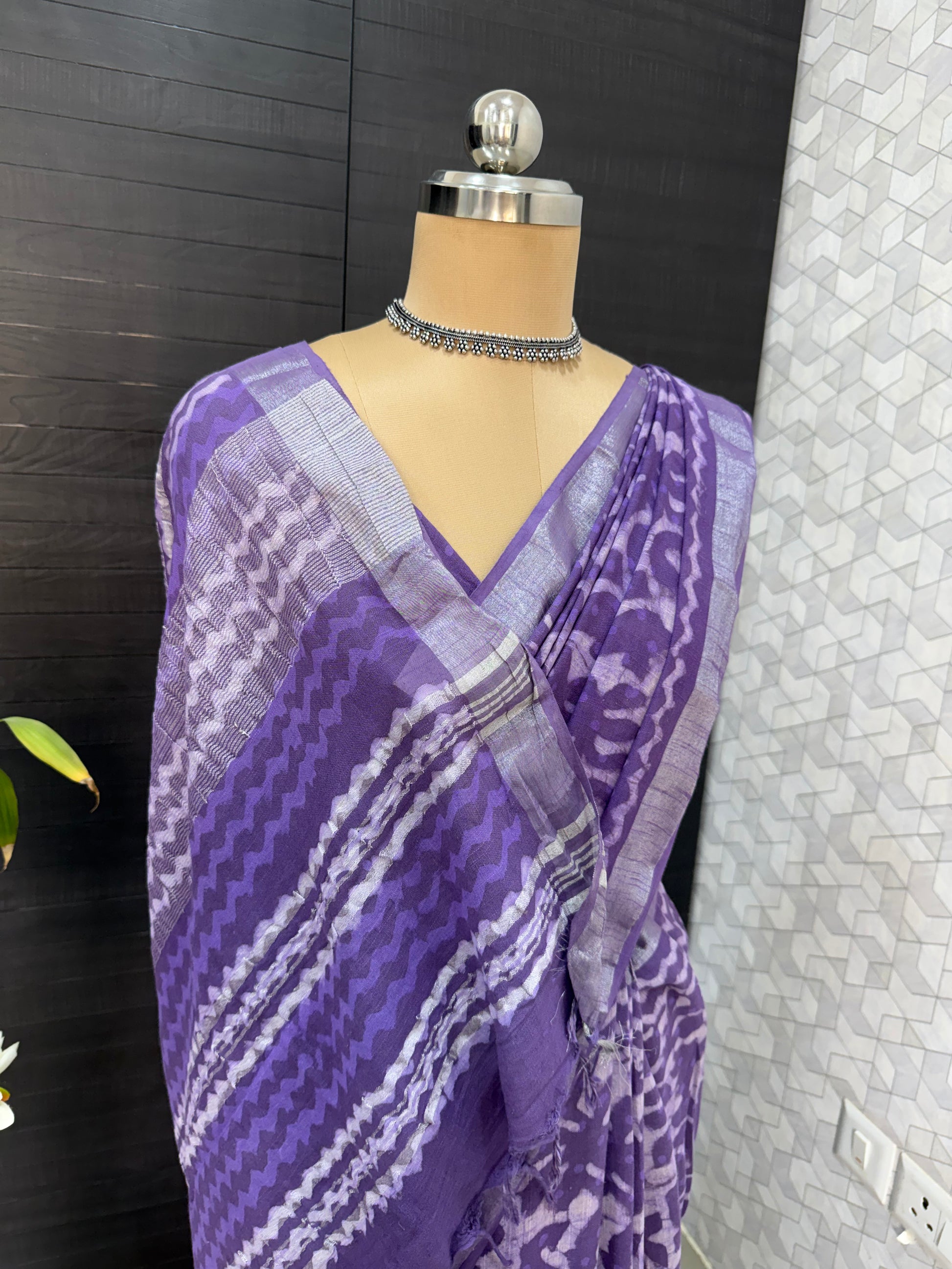 Purple Linen Bagru Saree with Running Blouse