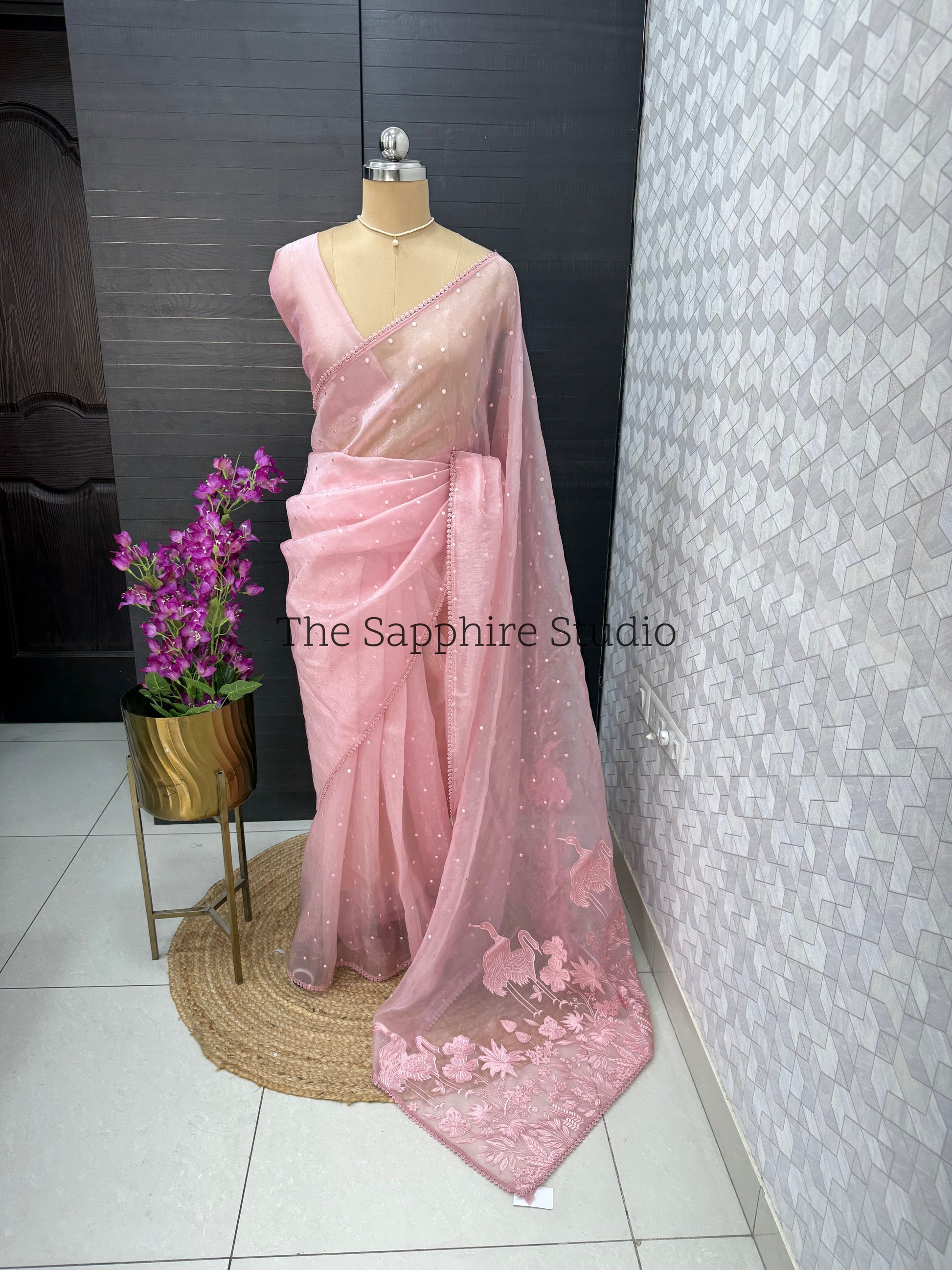 Blush Pink Flamingo Bloom – Appliqué Organza Saree