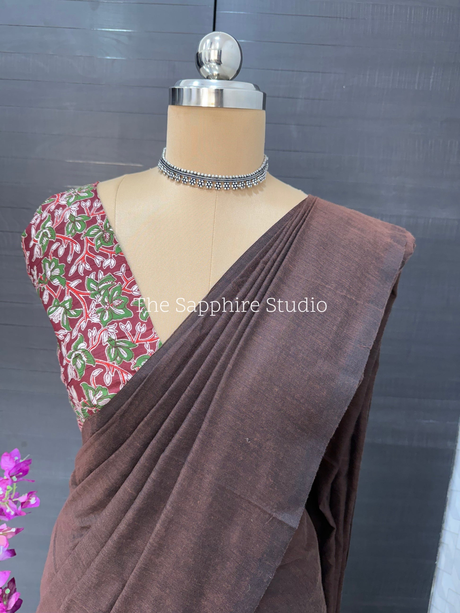 Chocolate Brown khadi cotton saree with Floral Contrast Blouse