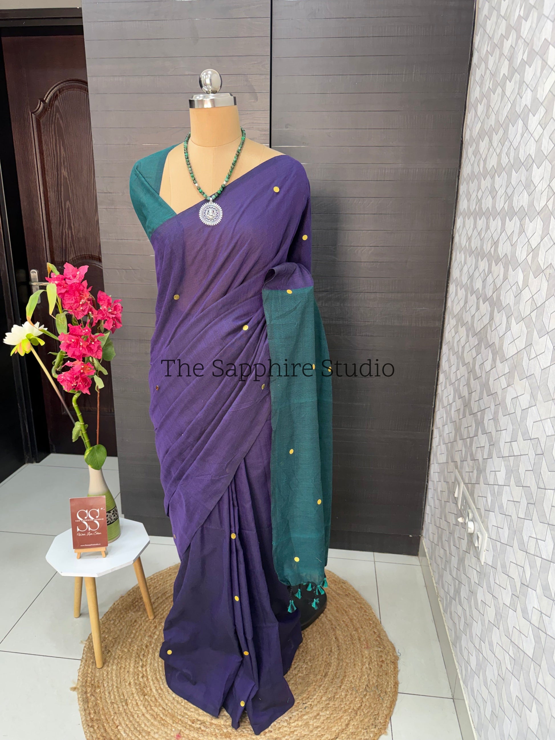 Royal Purple & Teal Khadi Cotton Saree