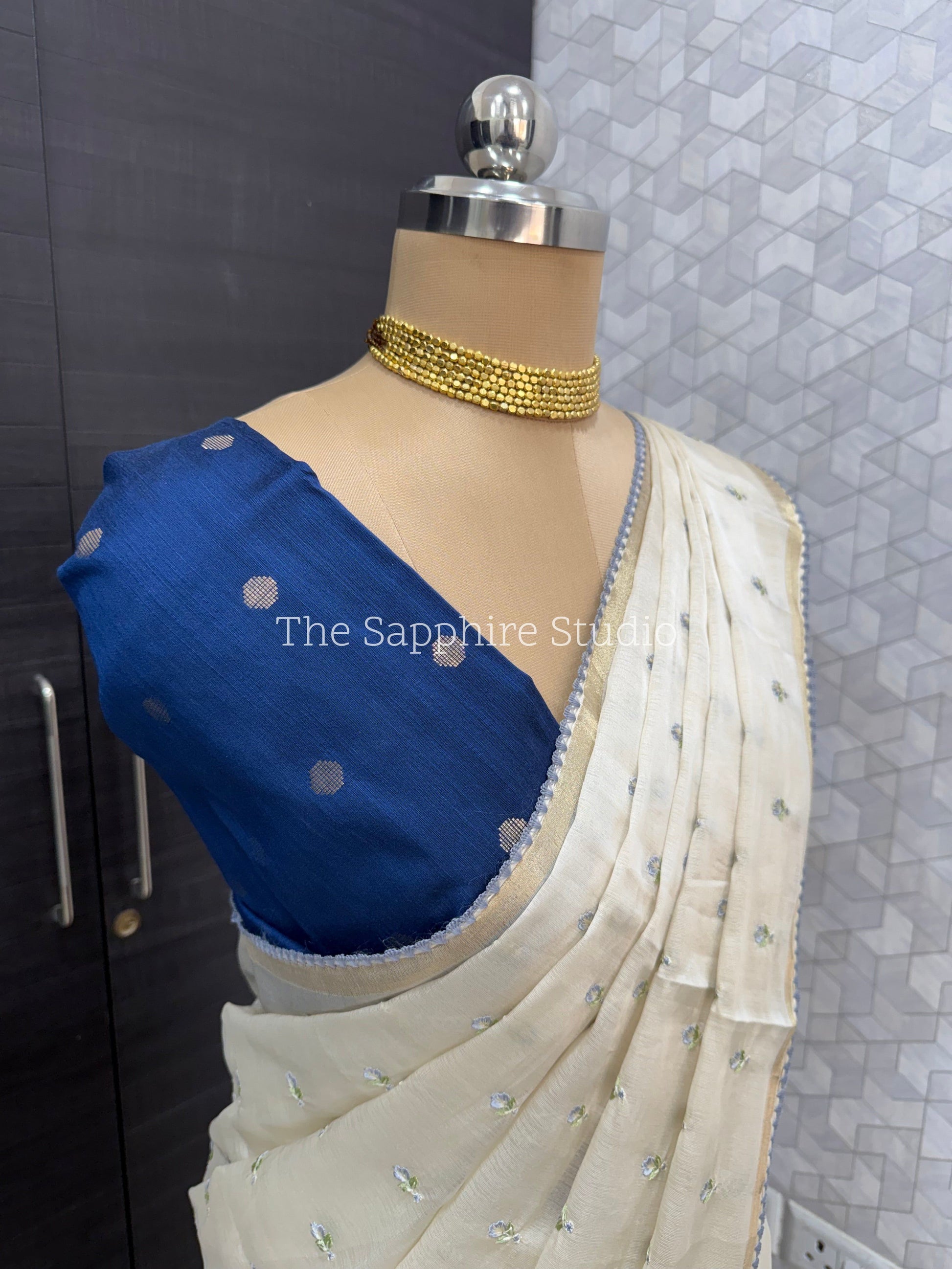 Onam/ Vishu Tissue Saree with Embroidery - small flower work - Light Blue (Comes with contrast blue blouse)