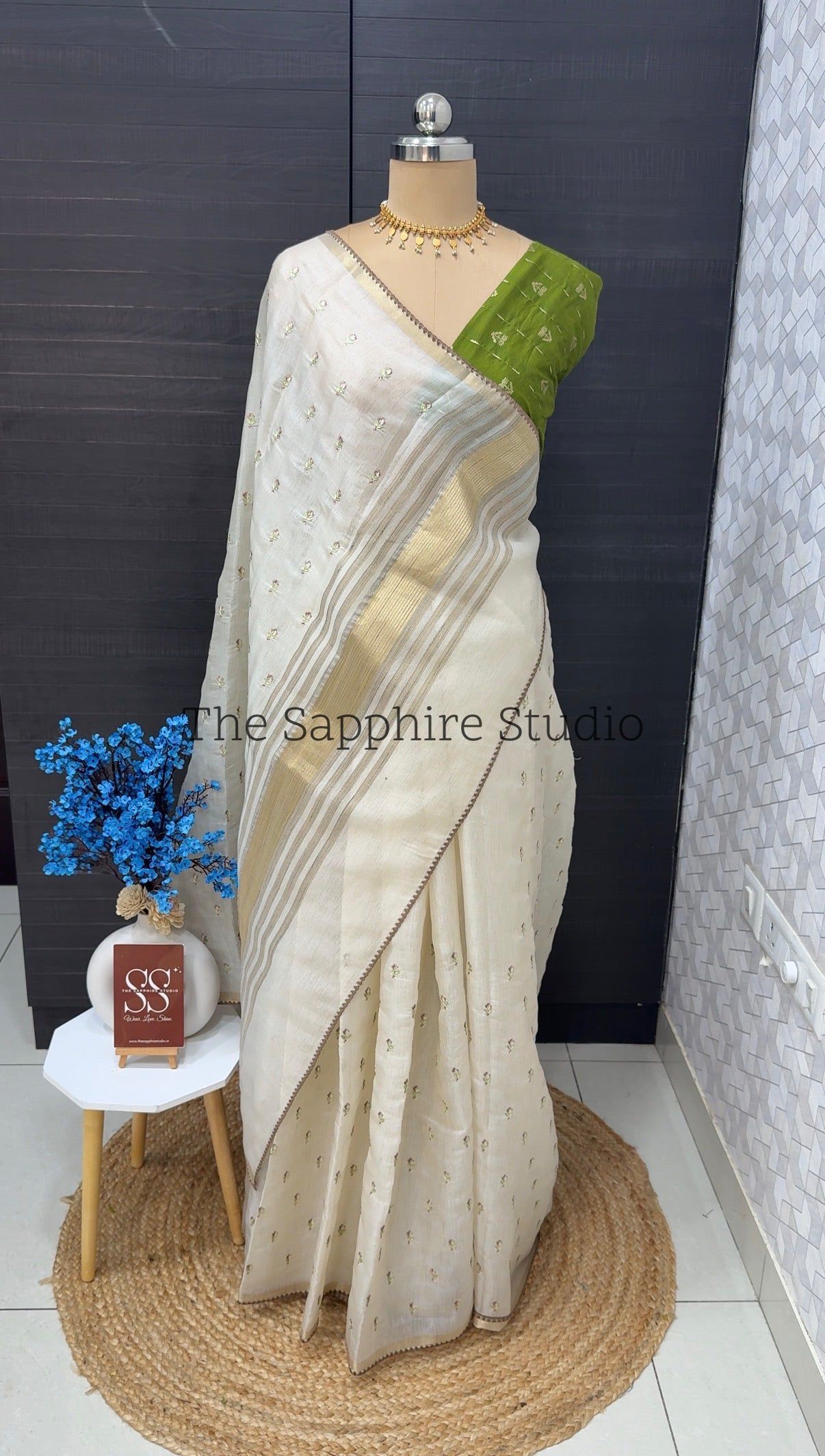Onam/ Vishu Tissue Saree with Embroidery - small flower work - Brown (comes with contrast green blouse)