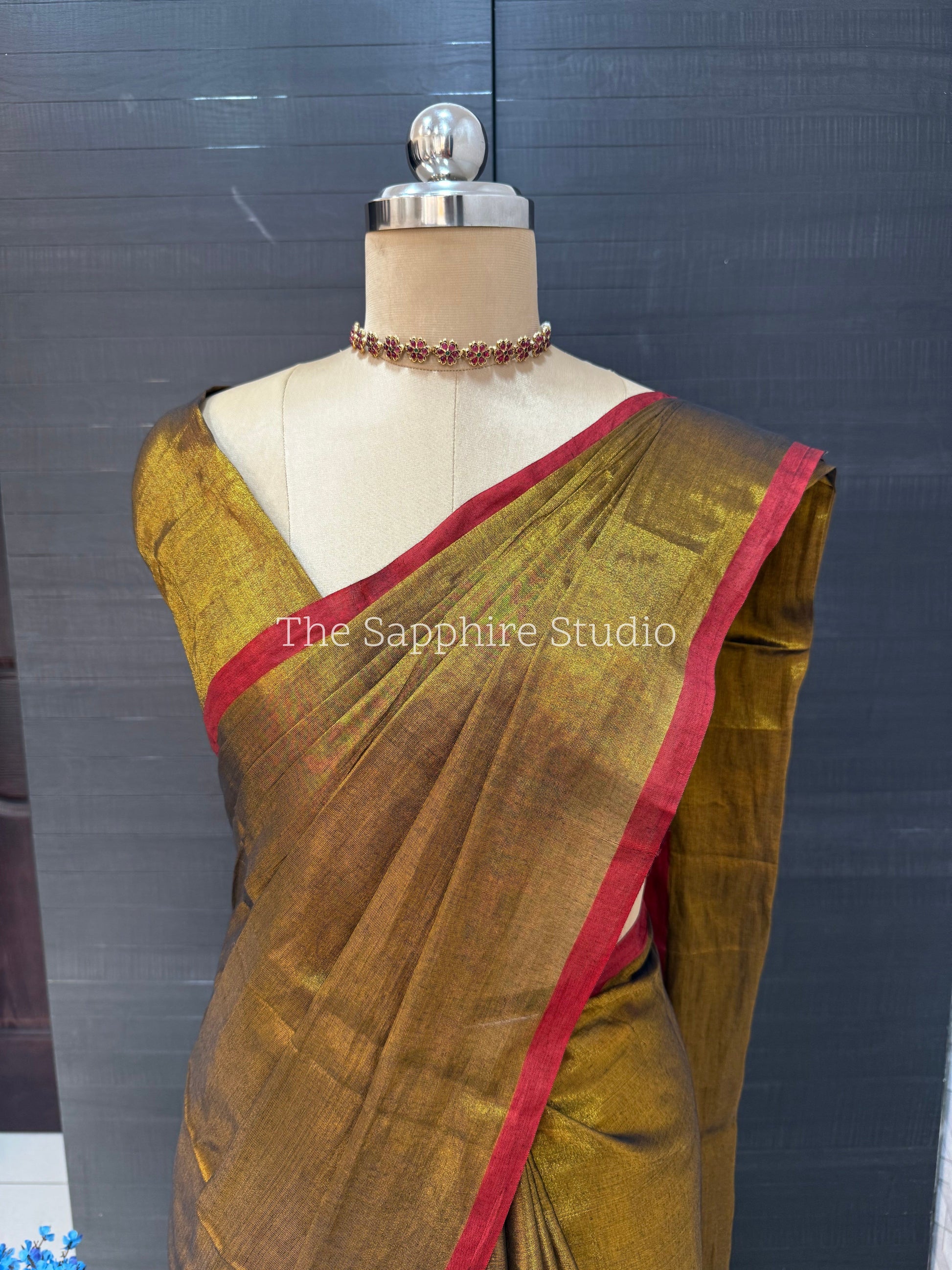 Raga Tissue Golden with maroon border Saree