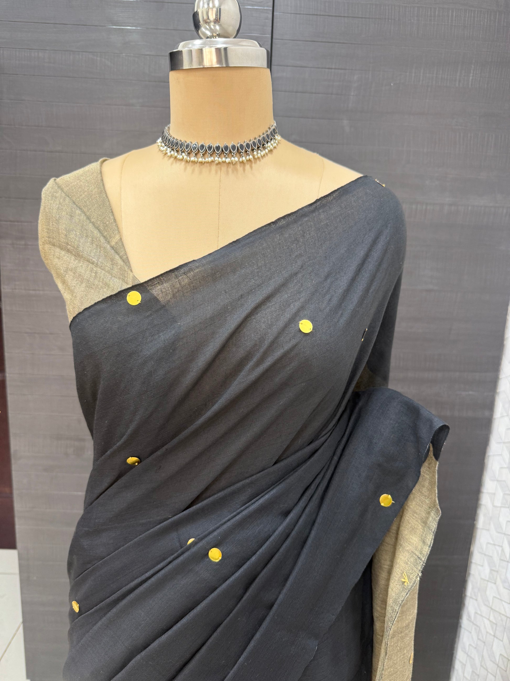 Black & Beige Khadi Cotton Saree