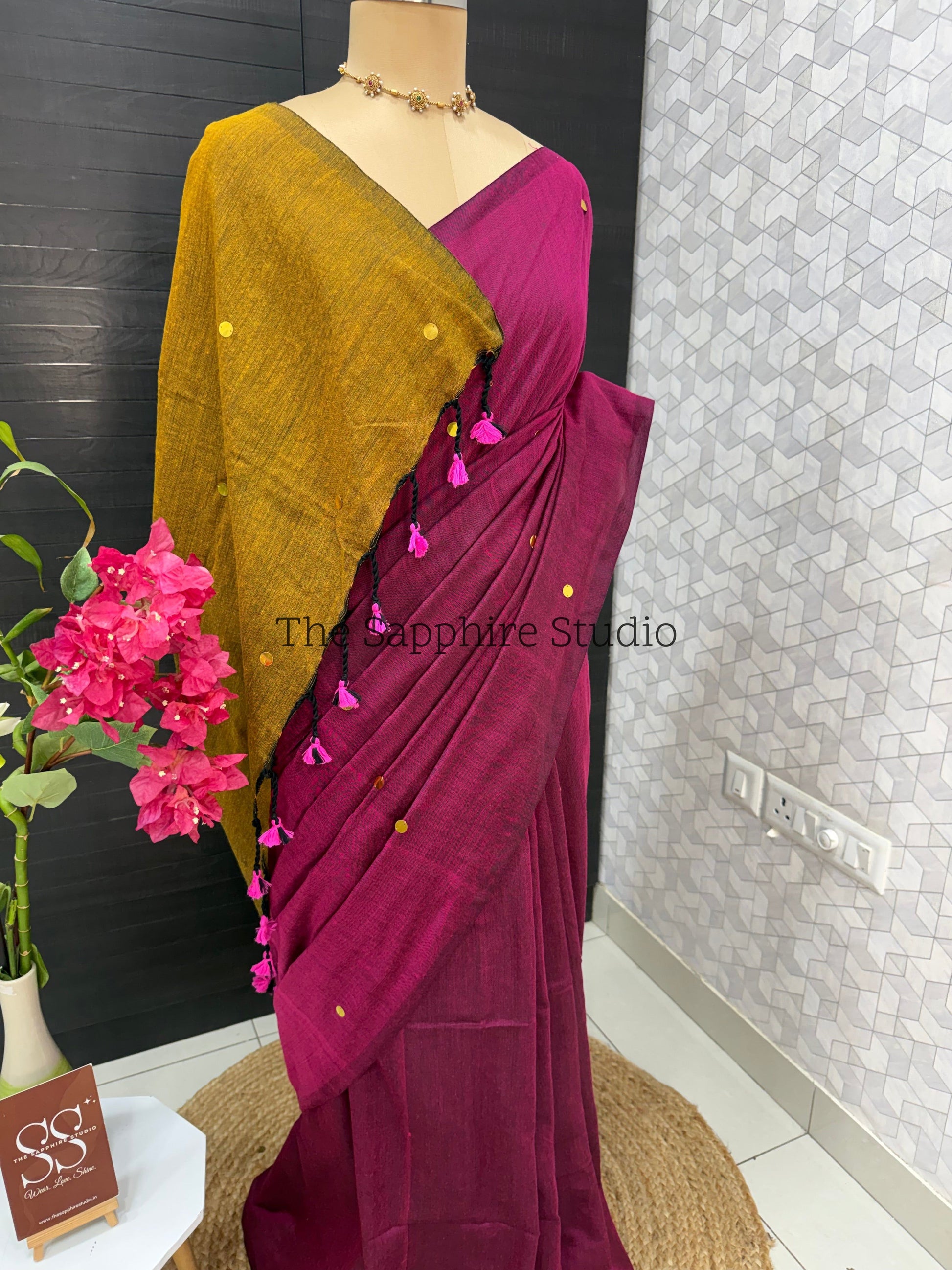 Rani Pink & Mustard Khadi Cotton Saree
