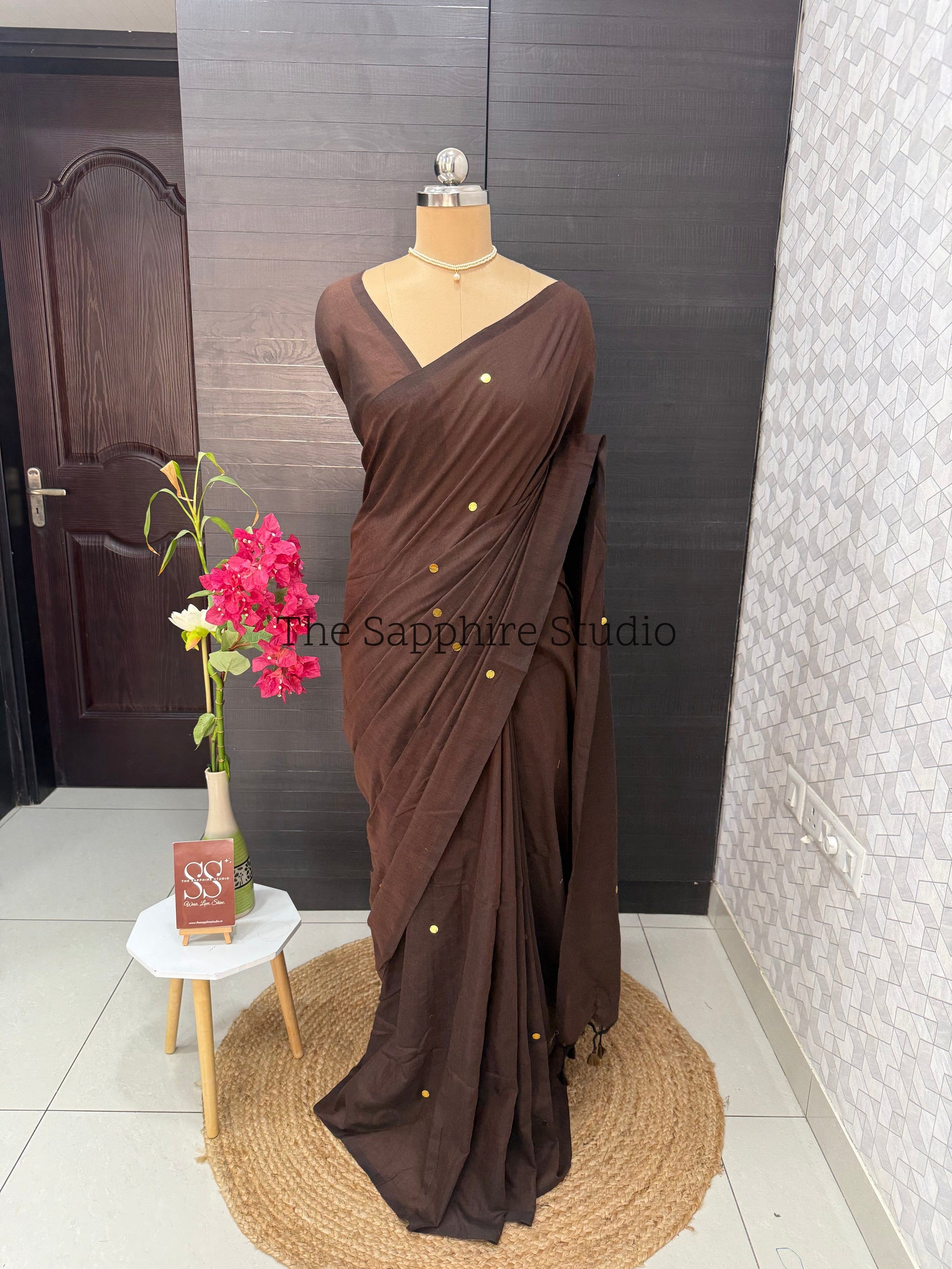 Chocolate Brown Khadi Cotton Saree