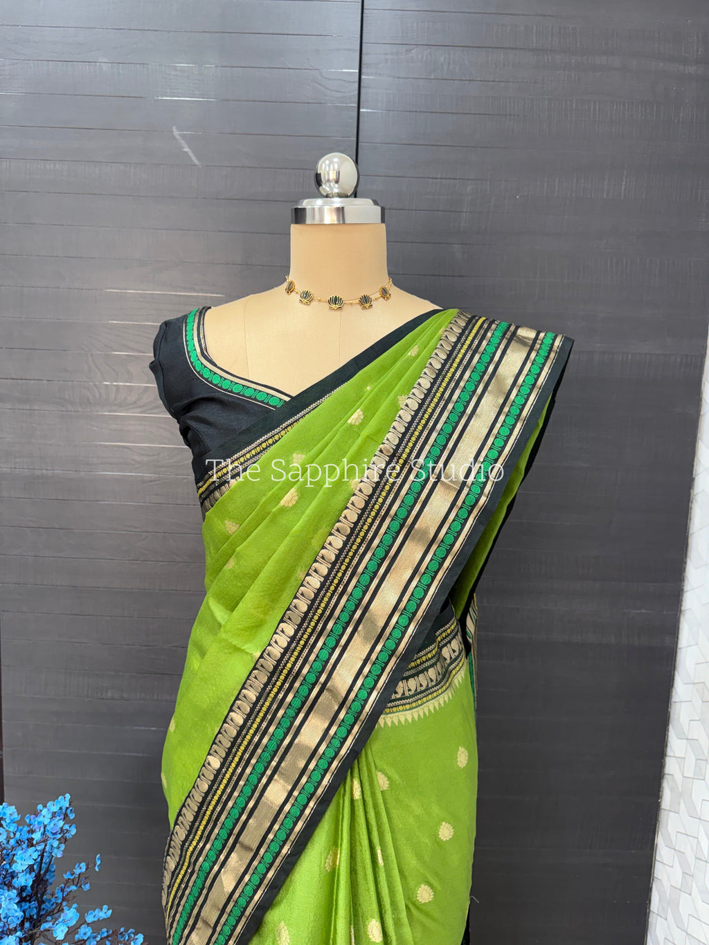 Green & Black Banarasi Chiniya Silk Saree with Zari Border