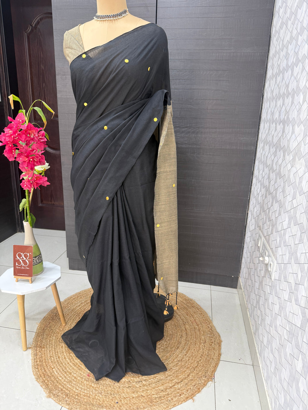 Black & Beige Khadi Cotton Saree