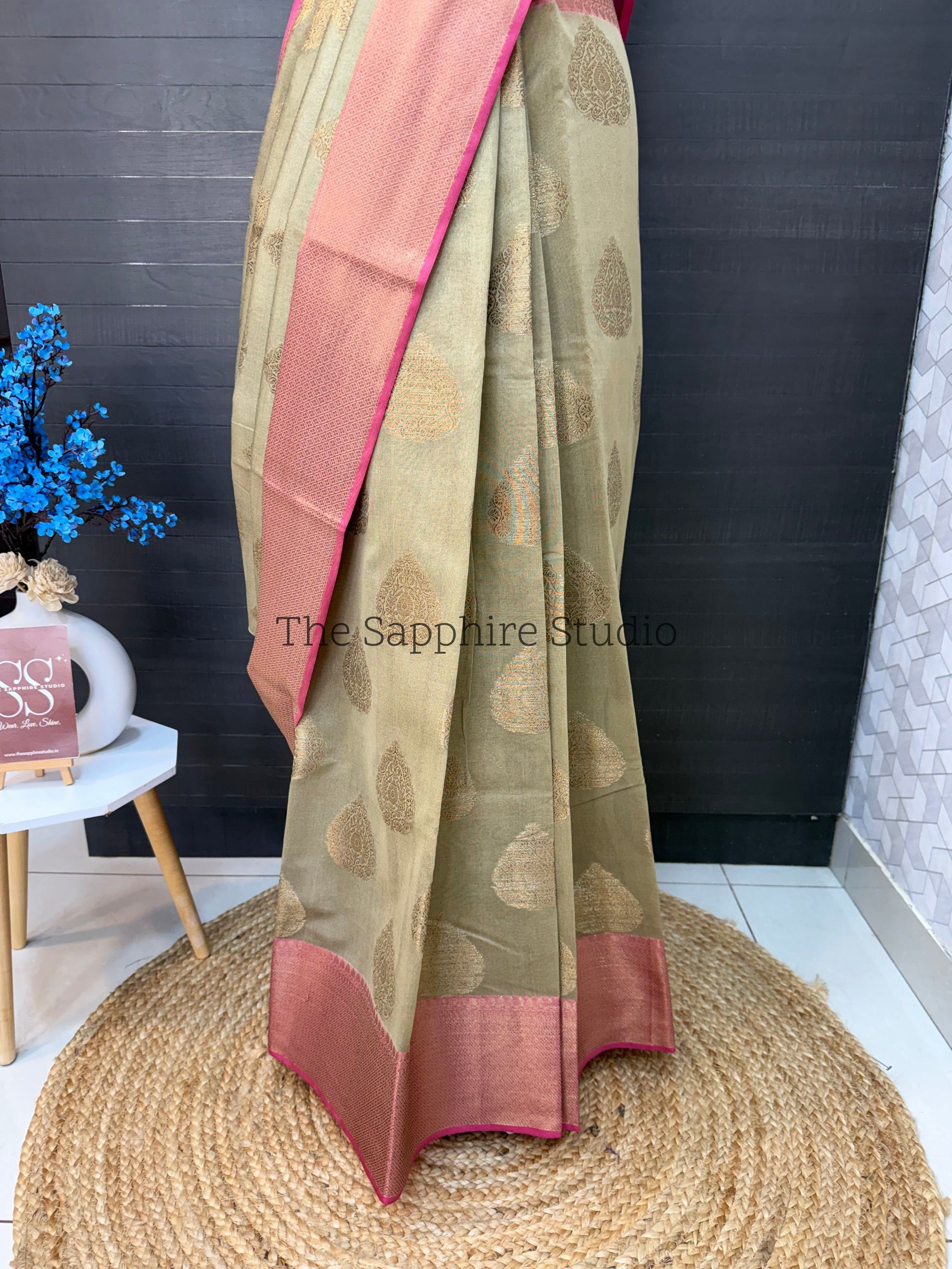 Cotton Silk Saree - Olive Green Cotton Silk Saree with Buta Work & Contrast Border
