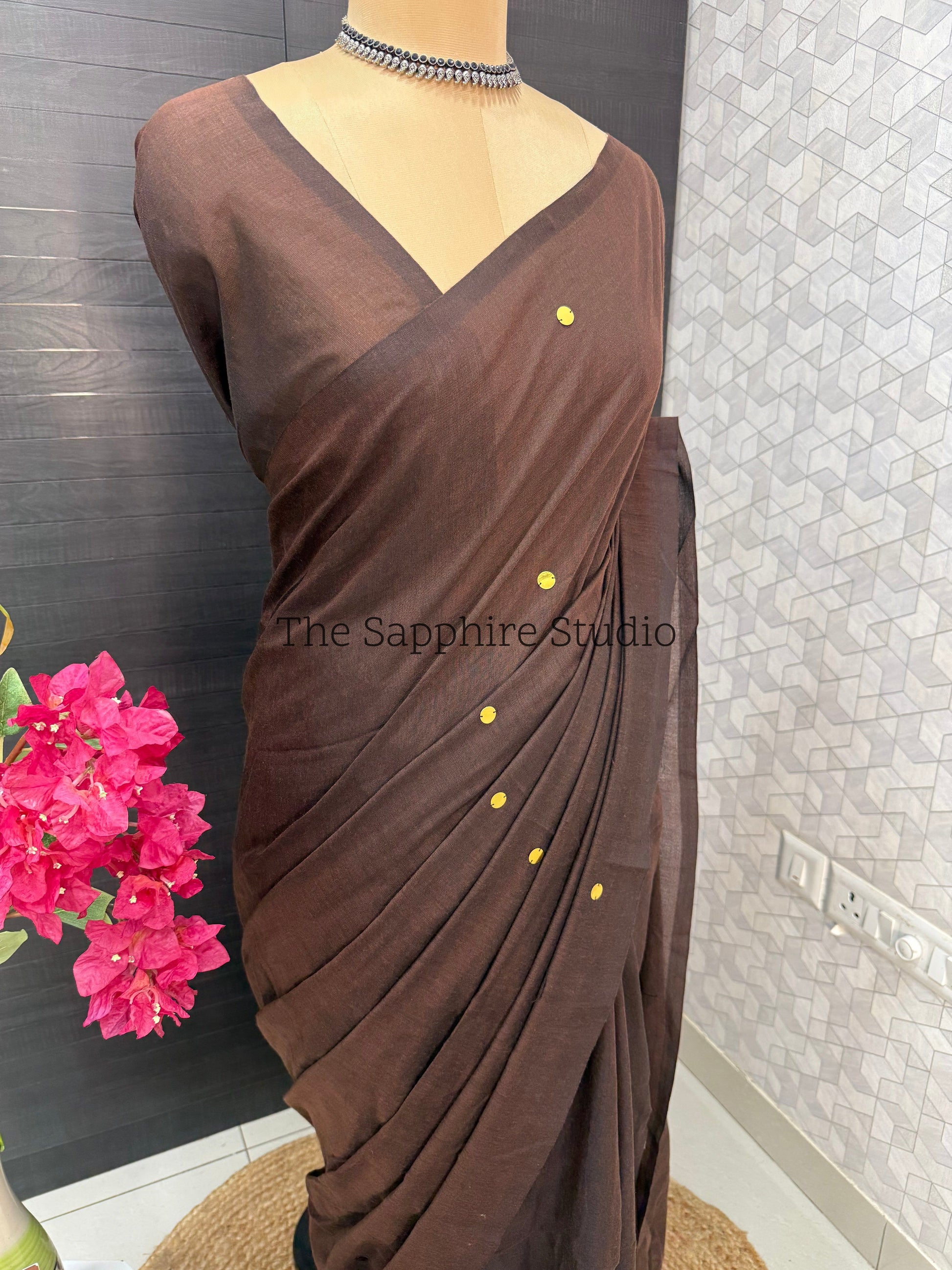 Chocolate Brown Khadi Cotton Saree