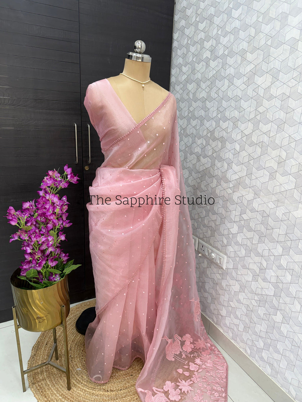 Blush Pink Flamingo Bloom – Appliqué Organza Saree