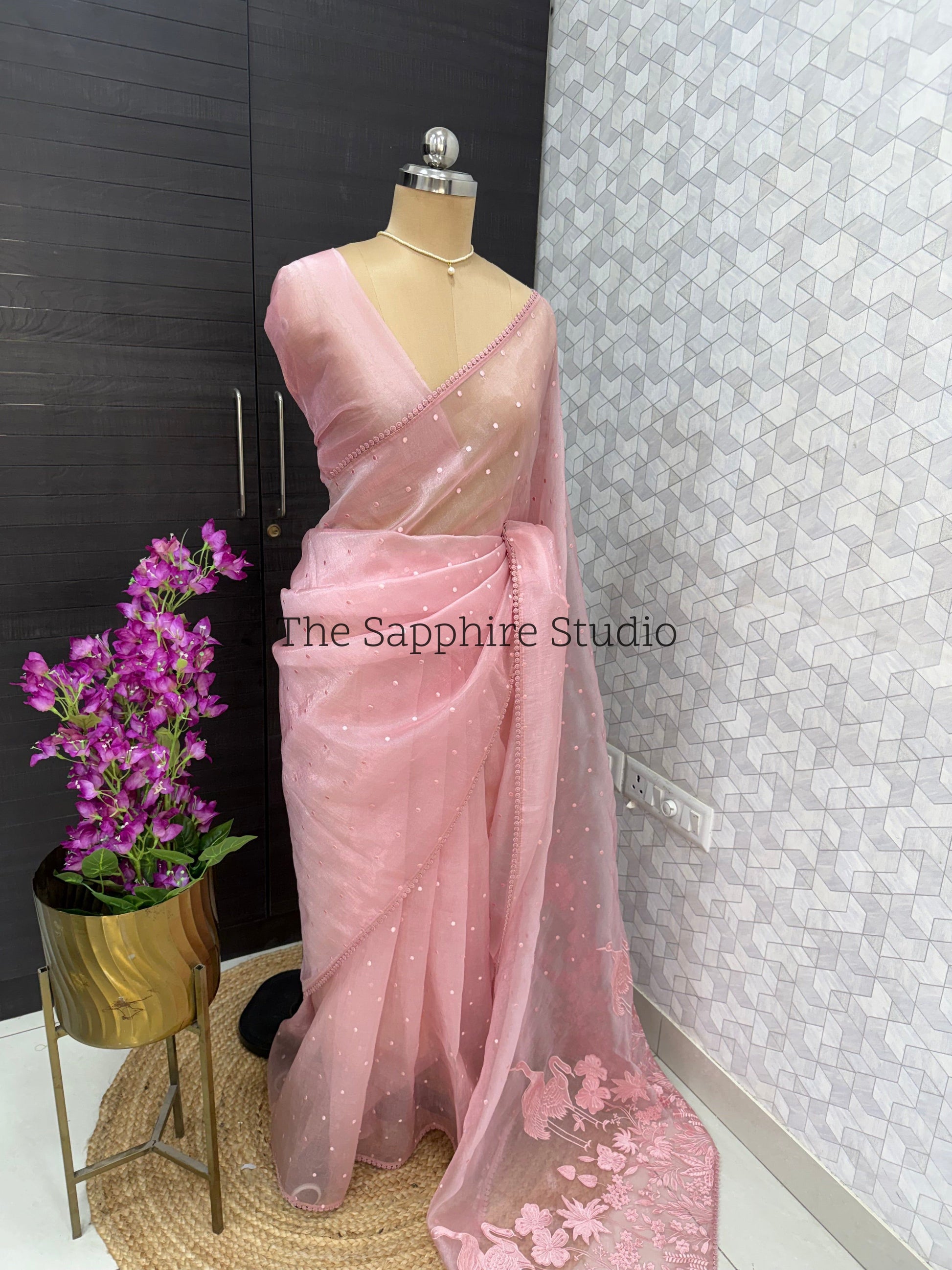 Blush Pink Flamingo Bloom – Appliqué Organza Saree