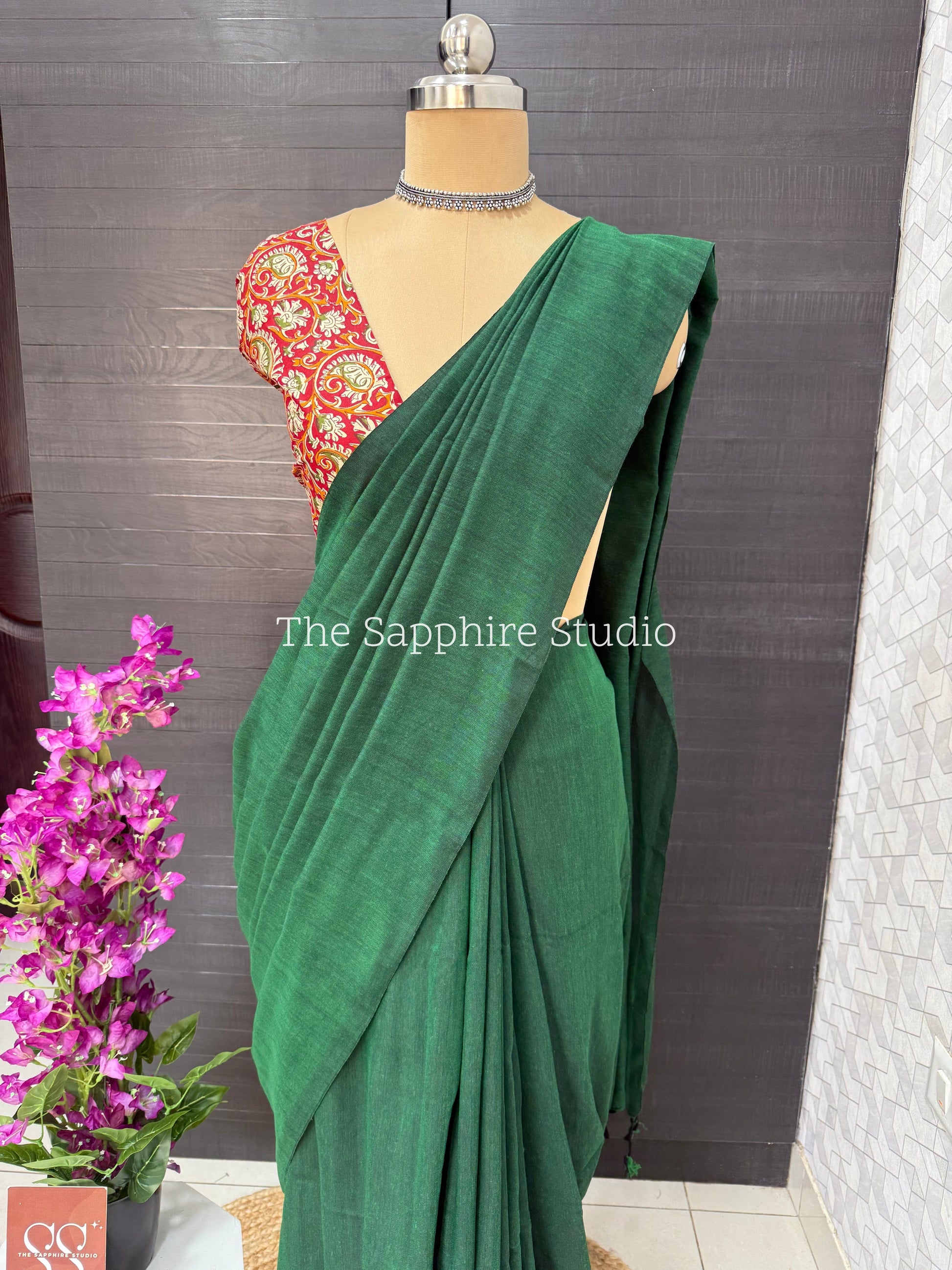 Green khadi cotton saree with Ethnic Contrast Blouse
